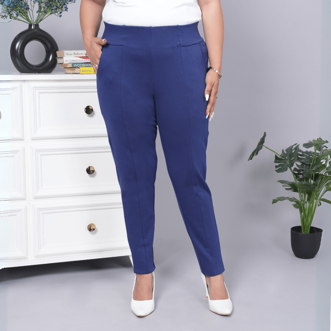 Navy stretchable biowash USA HQ cotton premium jegging pant with pockets & superior elastic belt. - Milano jegging pants with pcoket