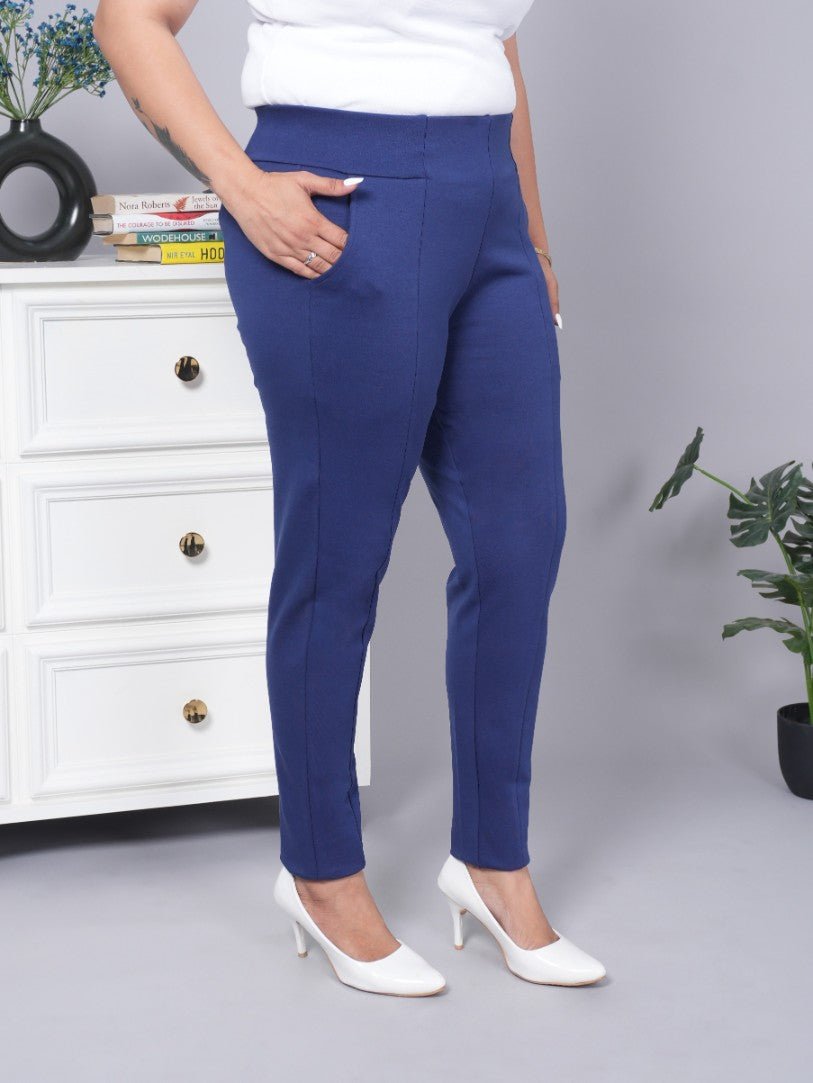 Navy stretchable biowash USA HQ cotton premium jegging pant with pockets & superior elastic belt. - Milano jegging pants with pcoket