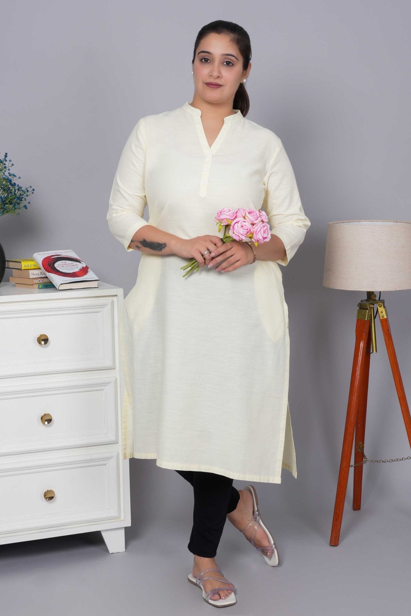 Off White 100% Premium Cotton Long Kurta - Long kurta