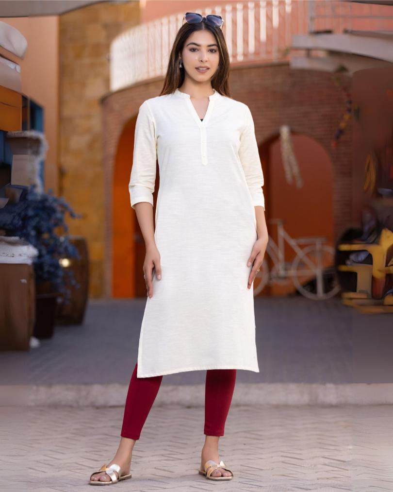 Off White Cotton Linen Long Kurti for officewear - Long kurti