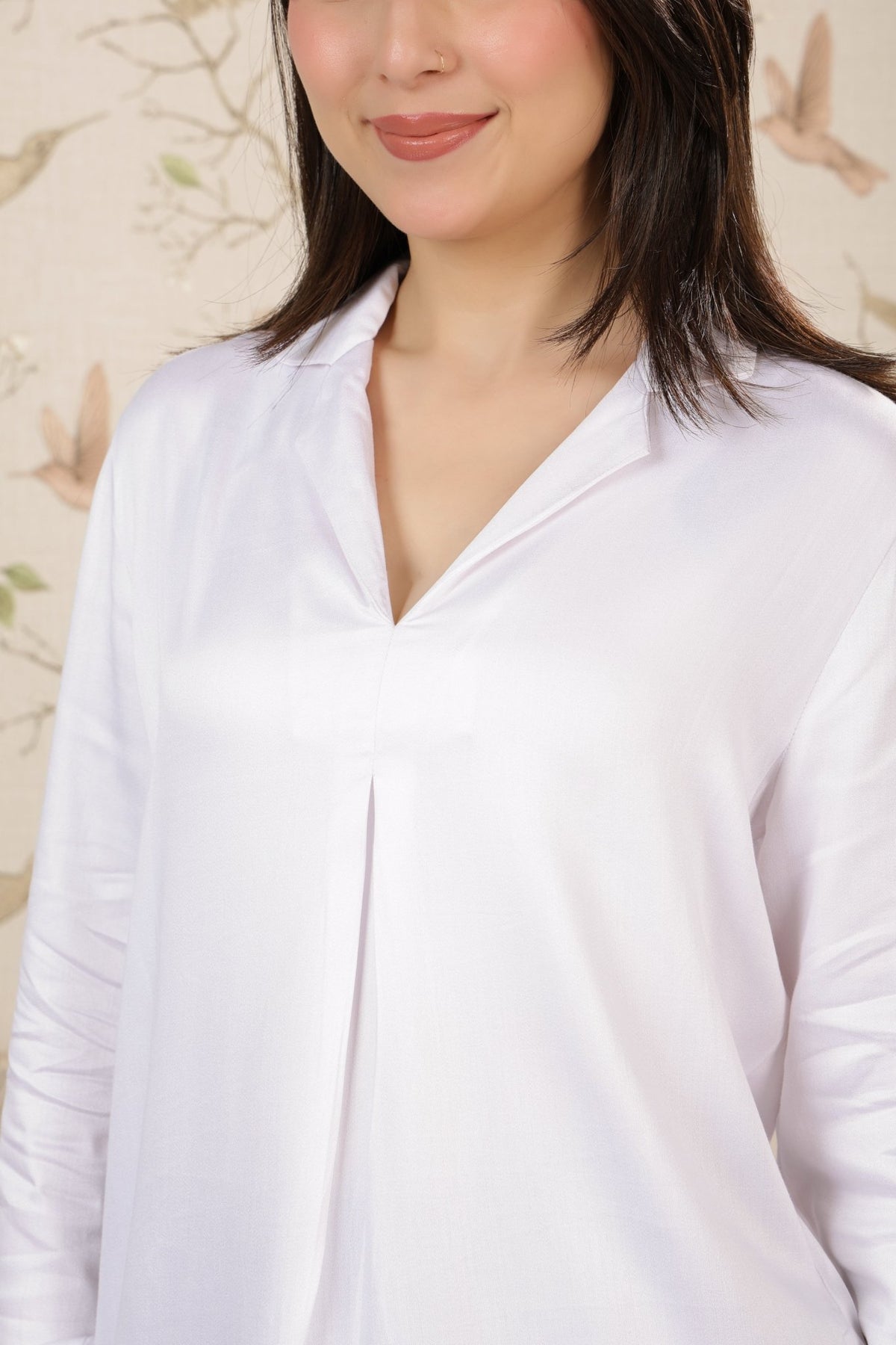 Off white lapel collar satin top -satin shirt