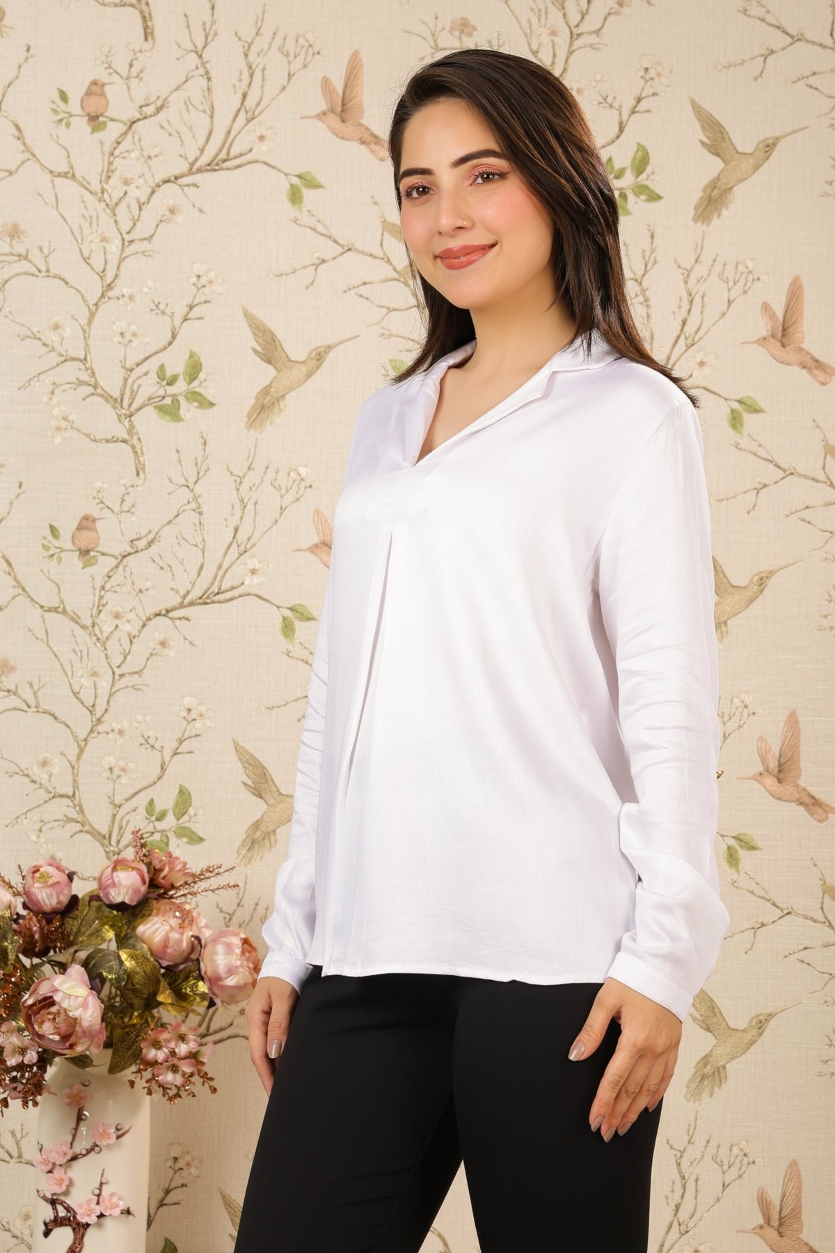 Off white lapel collar satin top -satin shirt