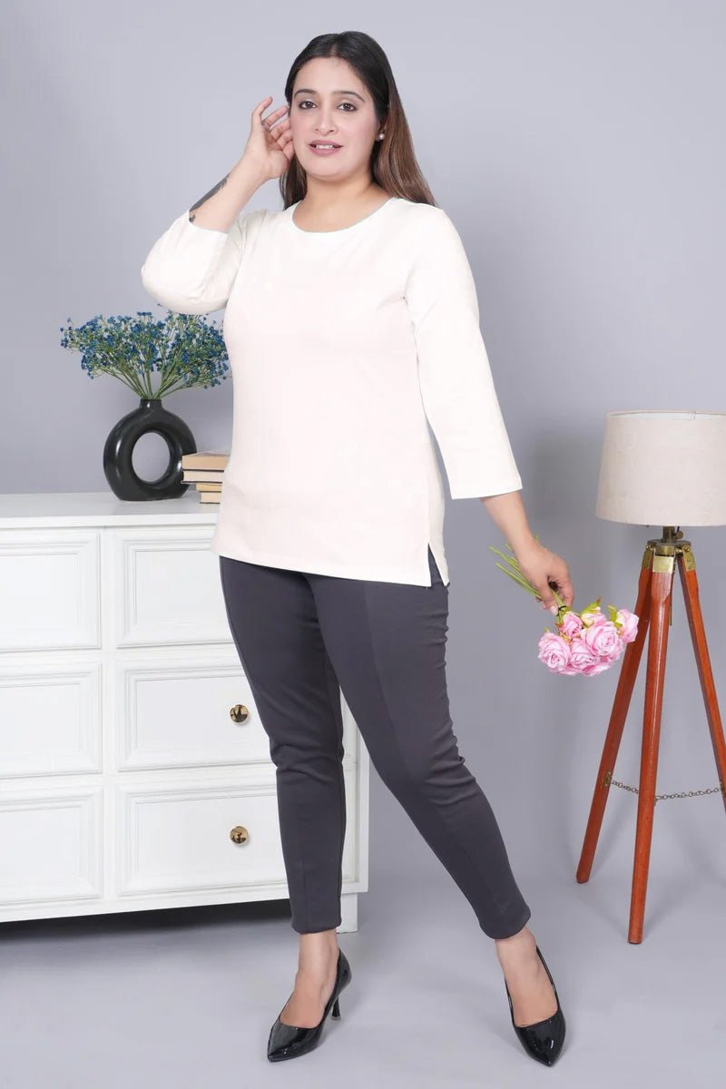 Off White Round Neck Cotton Lycra 3/4 Sleeve T Shirt - Cotton t shirt