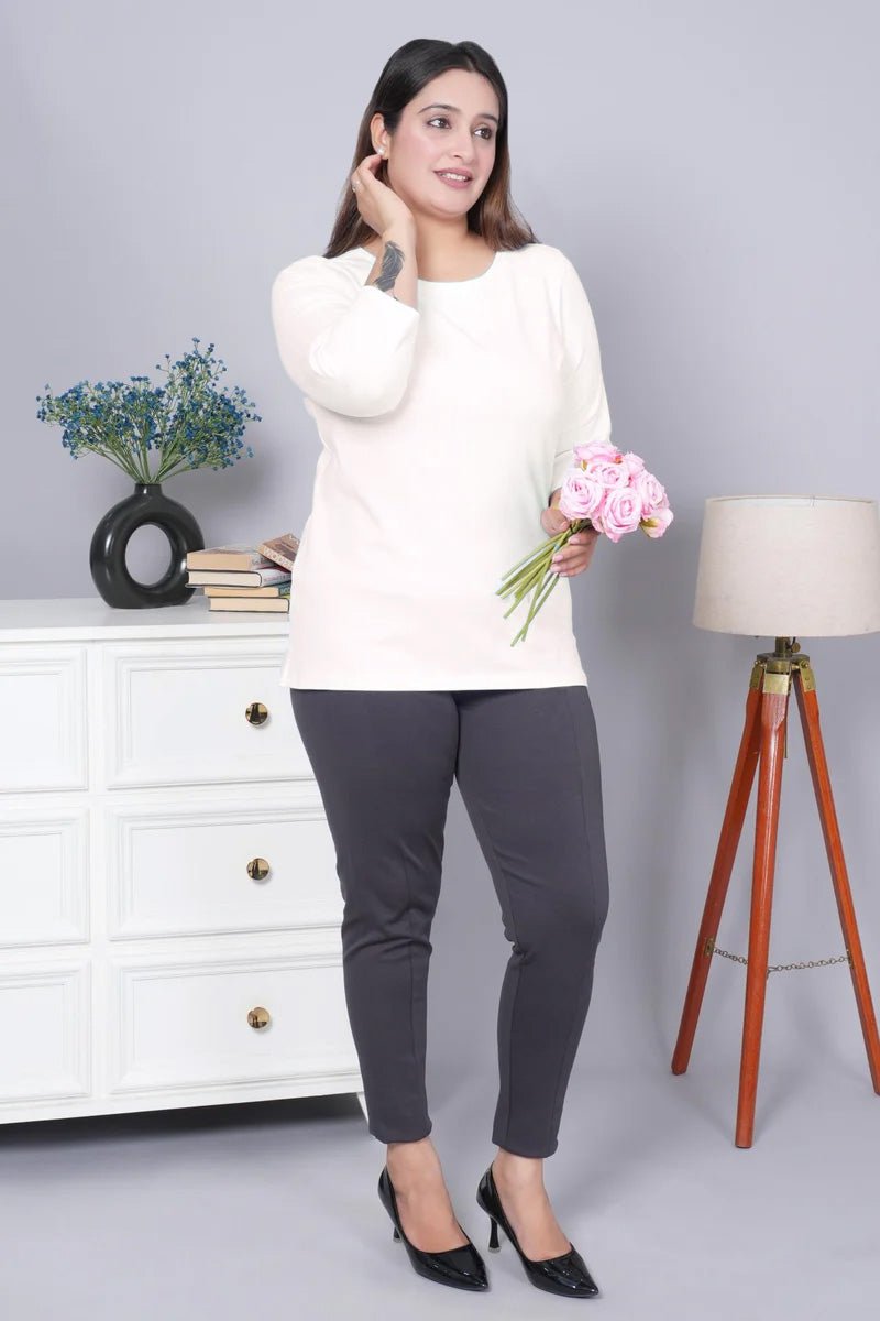 Off White Round Neck Cotton Lycra 3/4 Sleeve T Shirt - Cotton t shirt