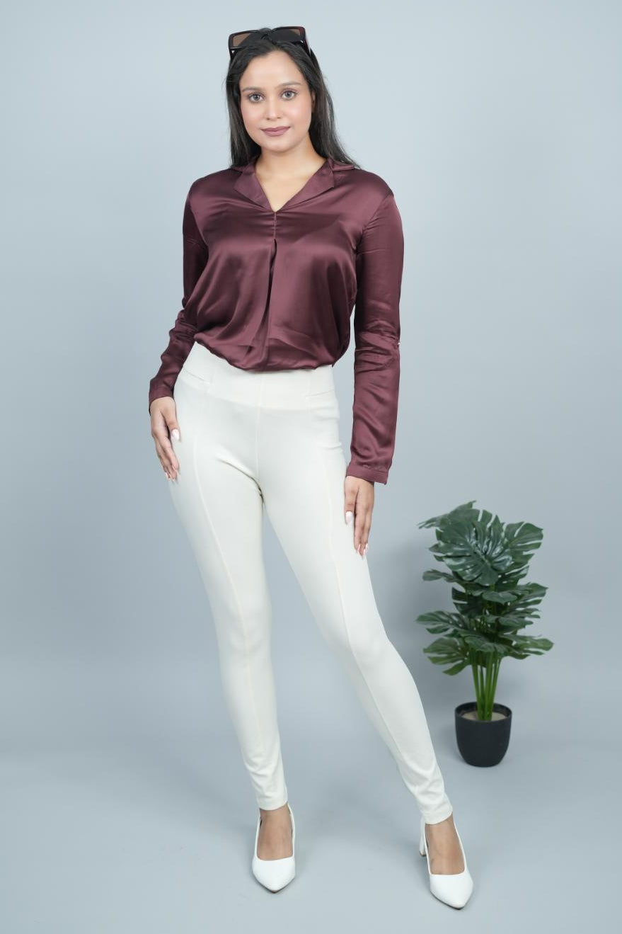 Off White stretchable biowash cotton jegging pant with superior elastic belt. - Milano jegging pants