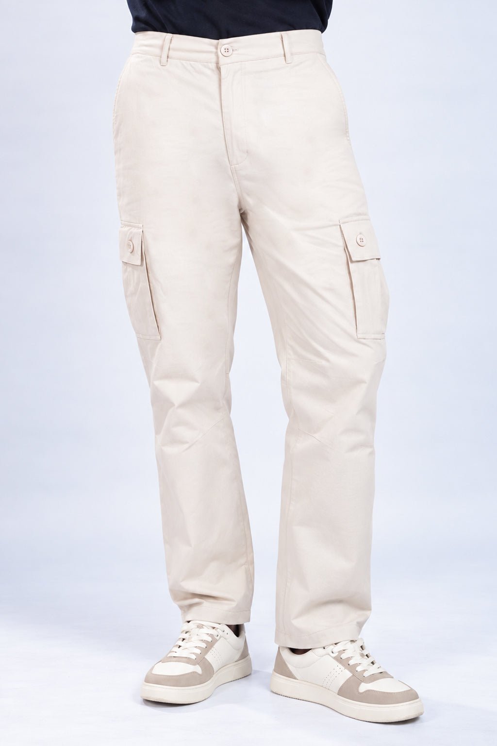 Off white stretchable biowash HQ cotton travel cargo bottom with superior elastic belt. -Travel Cargo Pants