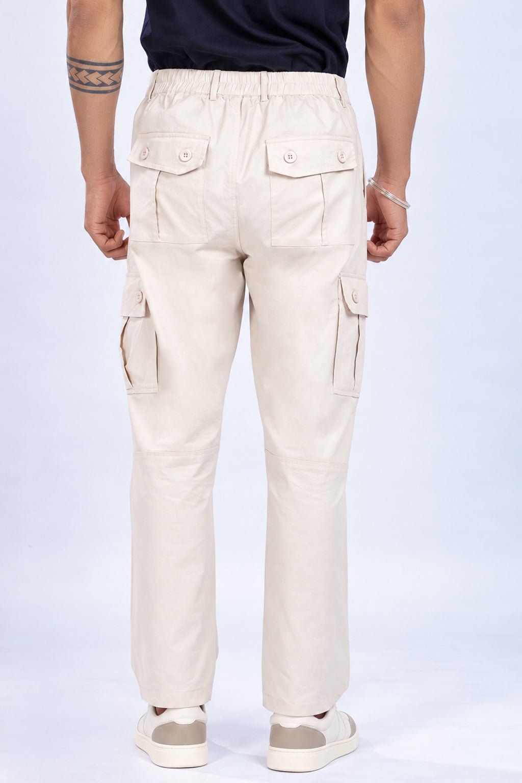 Off white stretchable biowash HQ cotton travel cargo bottom with superior elastic belt. -Travel Cargo Pants
