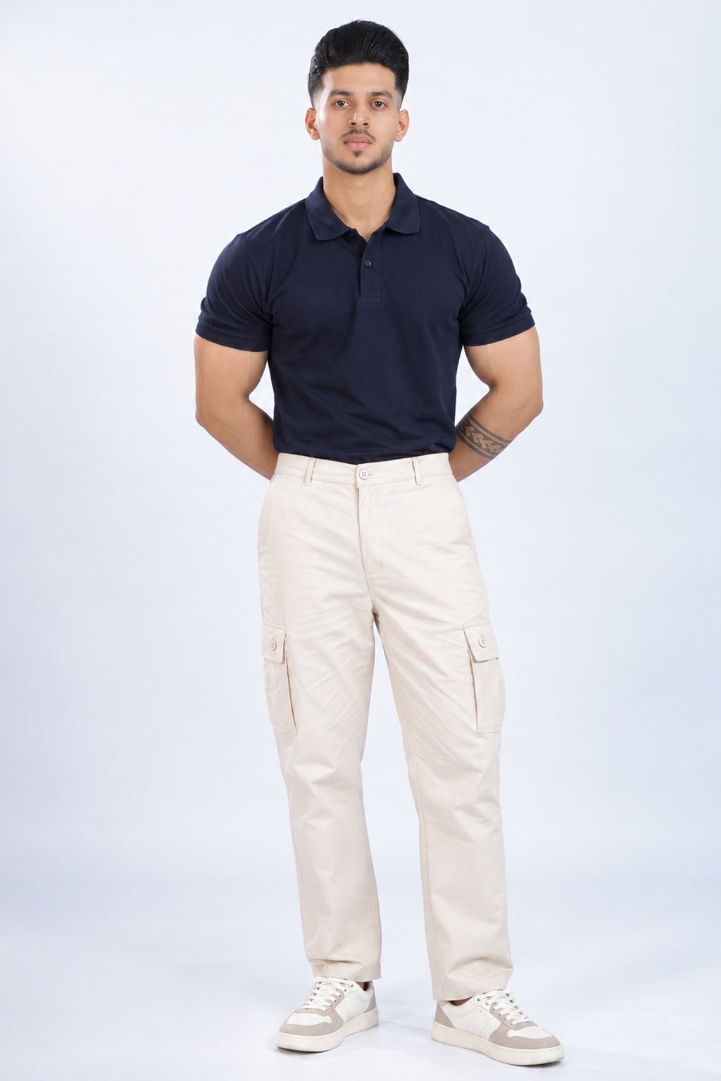 Off white stretchable biowash HQ cotton travel cargo bottom with superior elastic belt. -Travel Cargo Pants