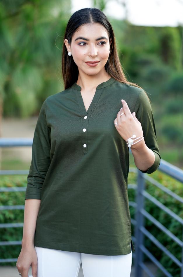 Olive 100% Cotton Short Kurti - Short kurta