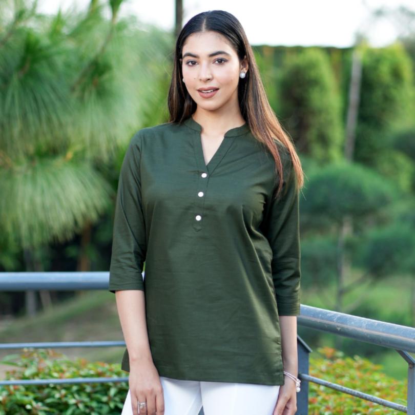 Olive short kurta for women ethnic, casual formal kurtas for