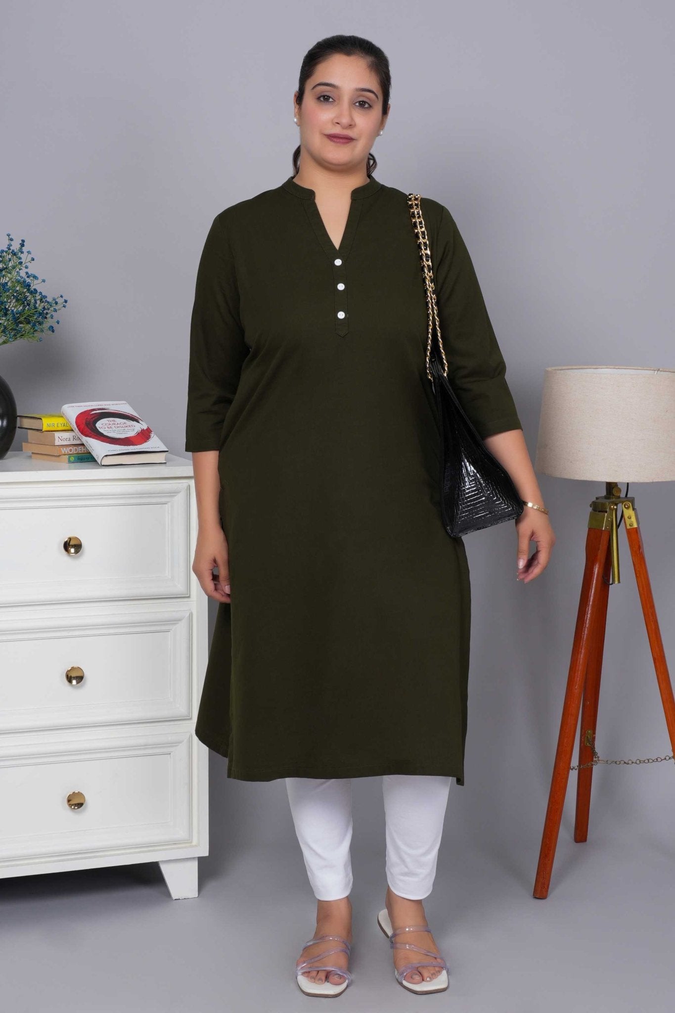 Olive 100% Premium Cotton Long Kurta - Long kurta