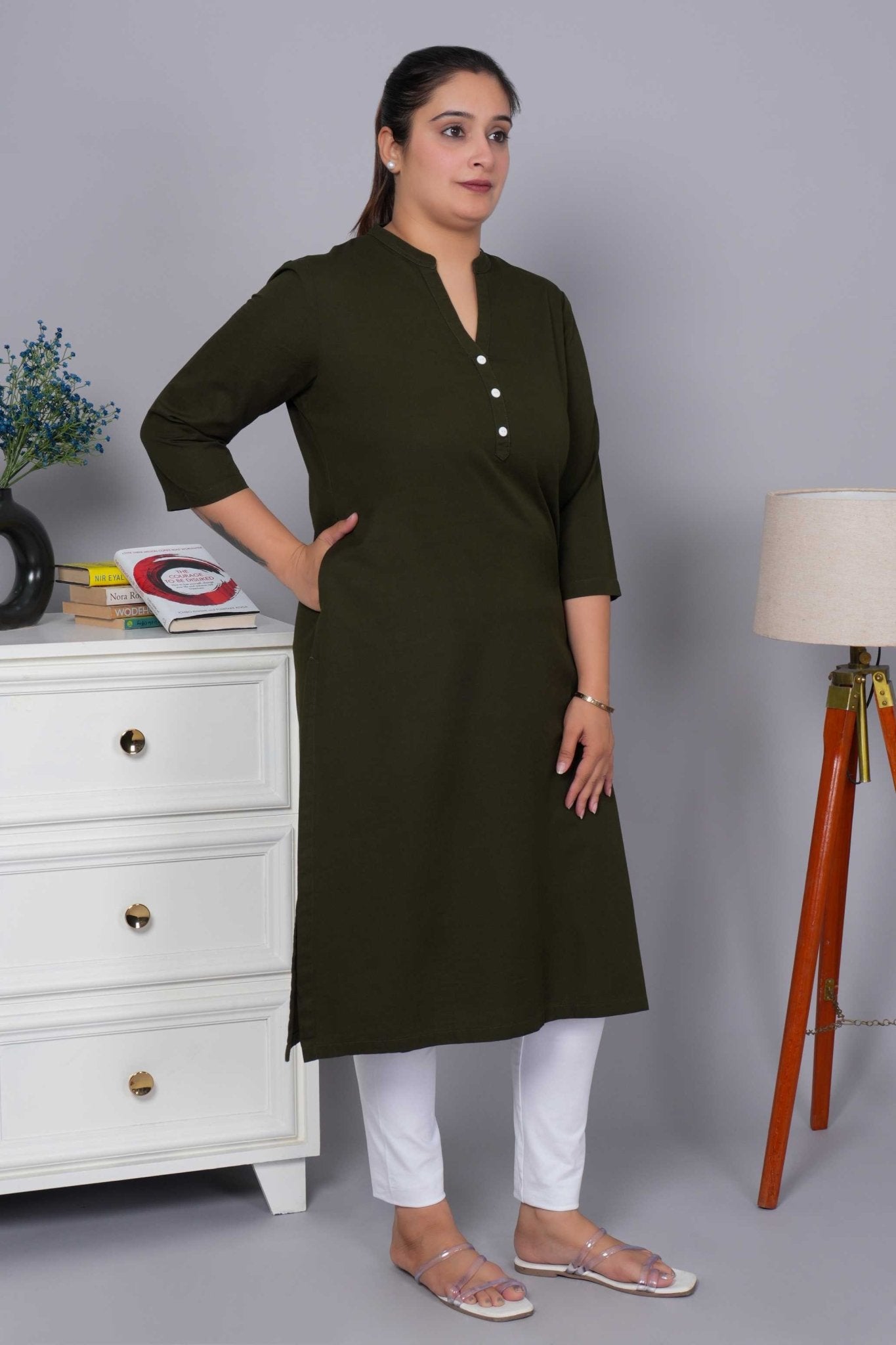Olive 100% Premium Cotton Long Kurta - Long kurta
