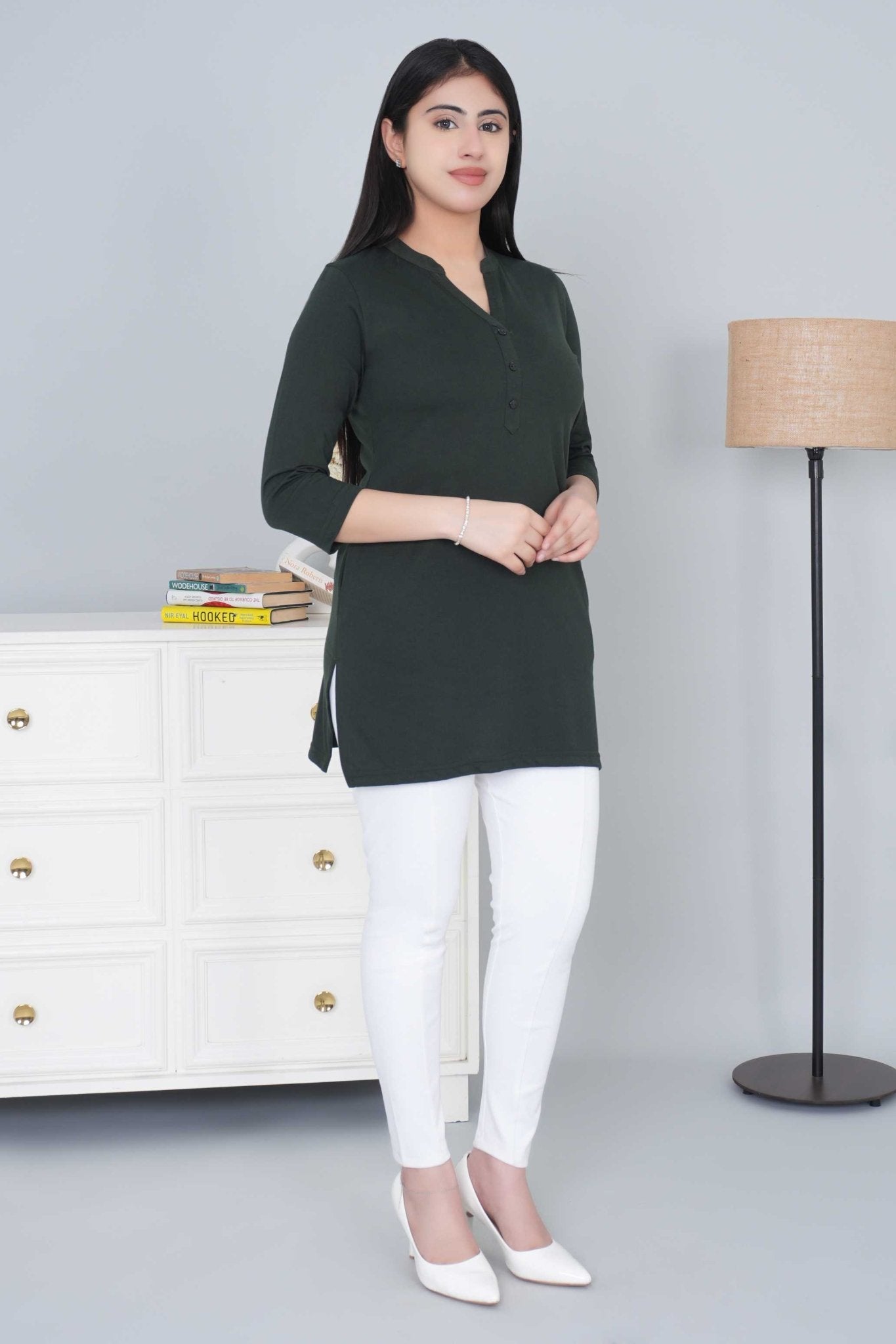 Olive cotton kurti tshirt with pockets - Kurti tshirt