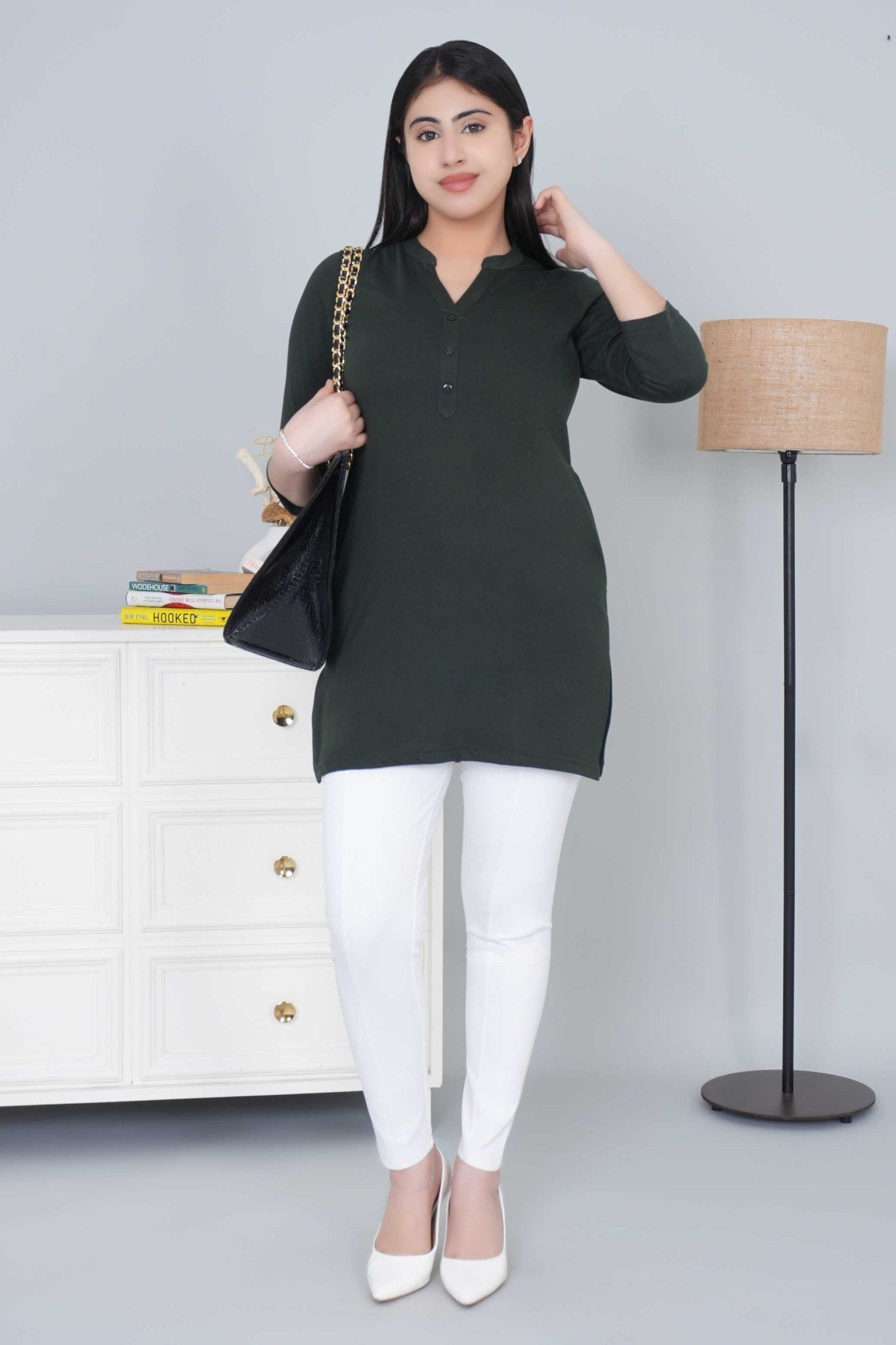 Olive cotton kurti tshirt with pockets - Kurti tshirt