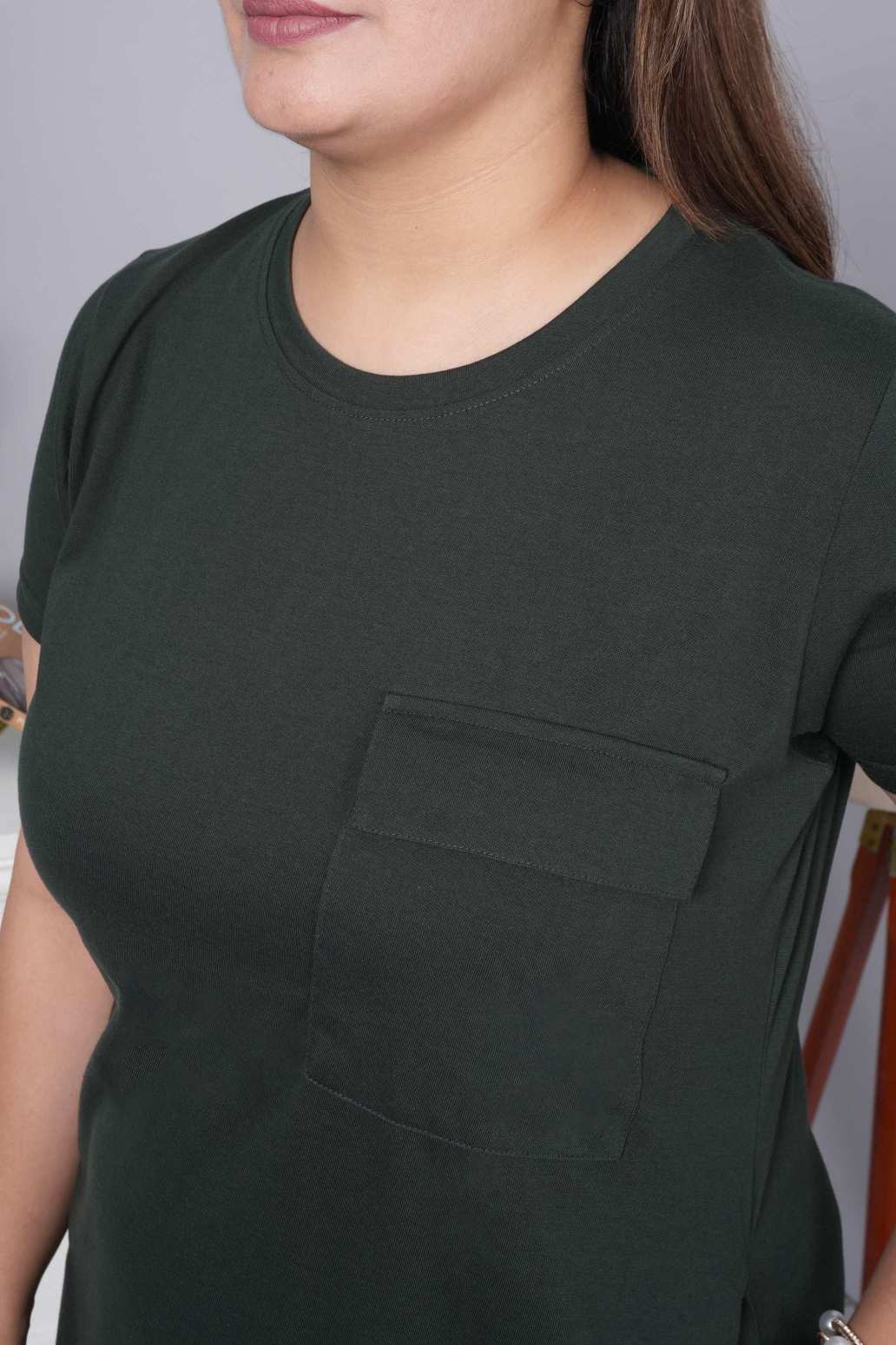 Olive cotton round neck dress with flap pocket - Flap pocket dress