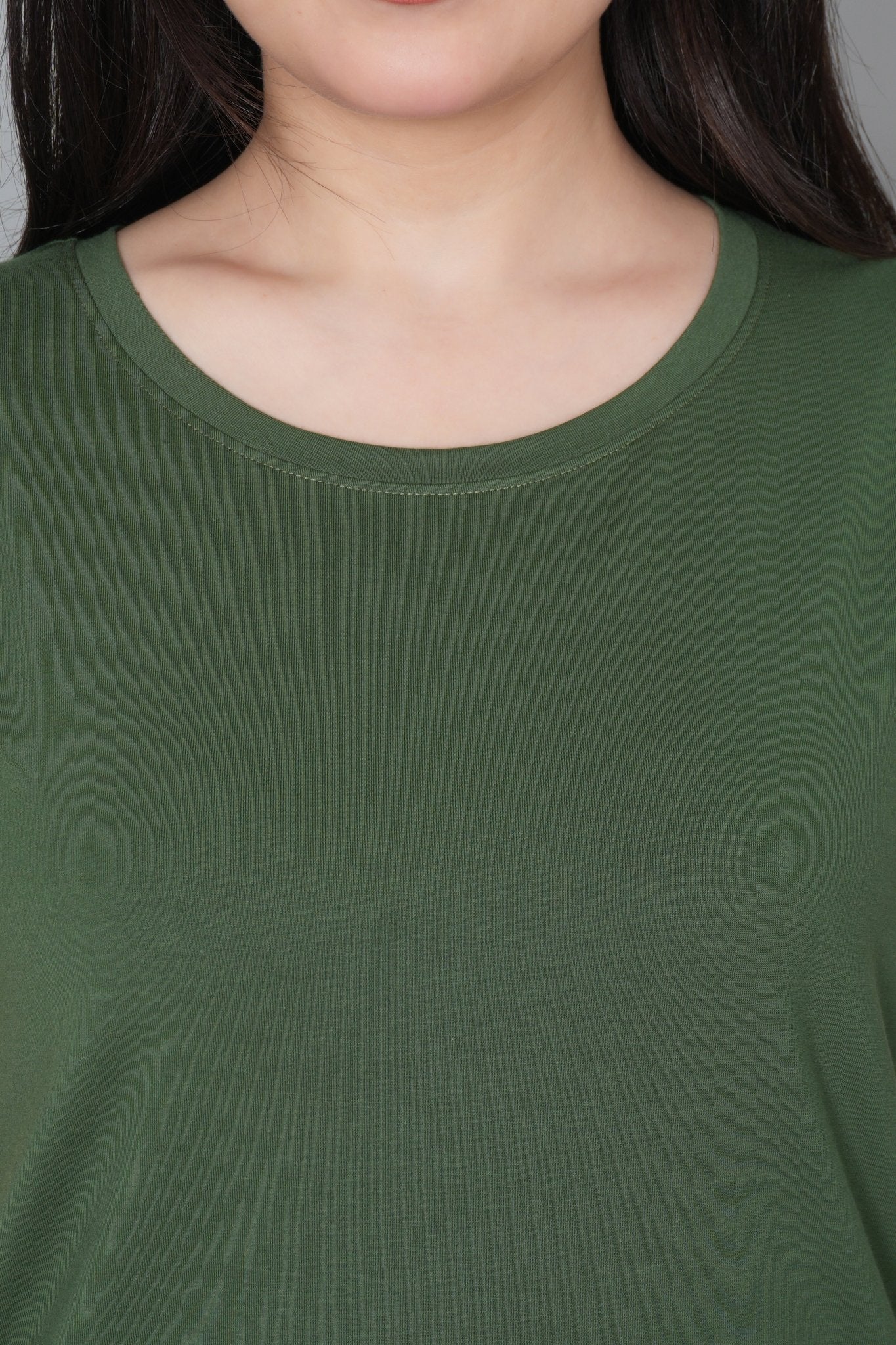 Olive long round neck cotton lycra t-shirt with pockets - Long cotton t-shirt