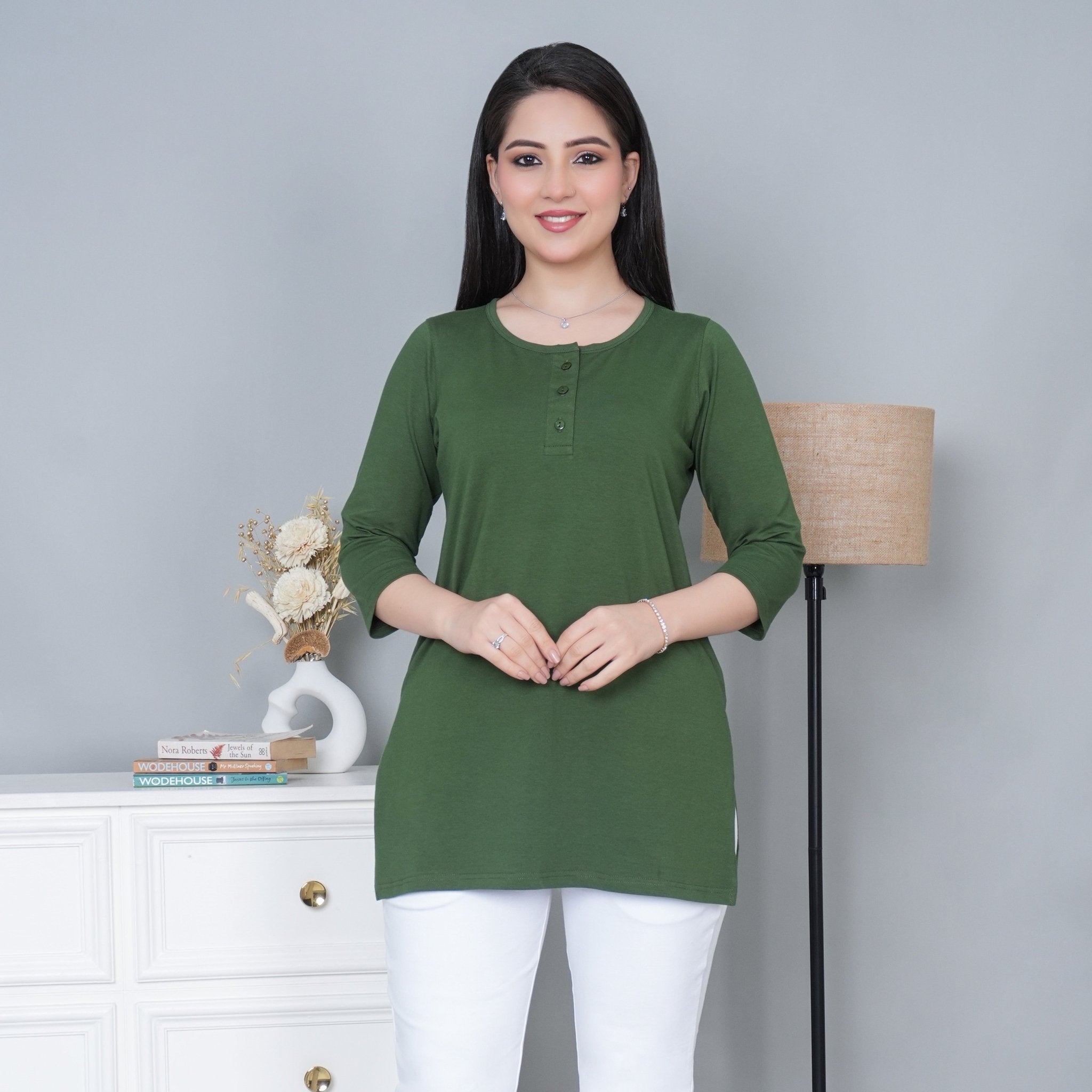 Olive long round neck henley cotton lycra t-shirt with pockets - Long cotton t-shirt
