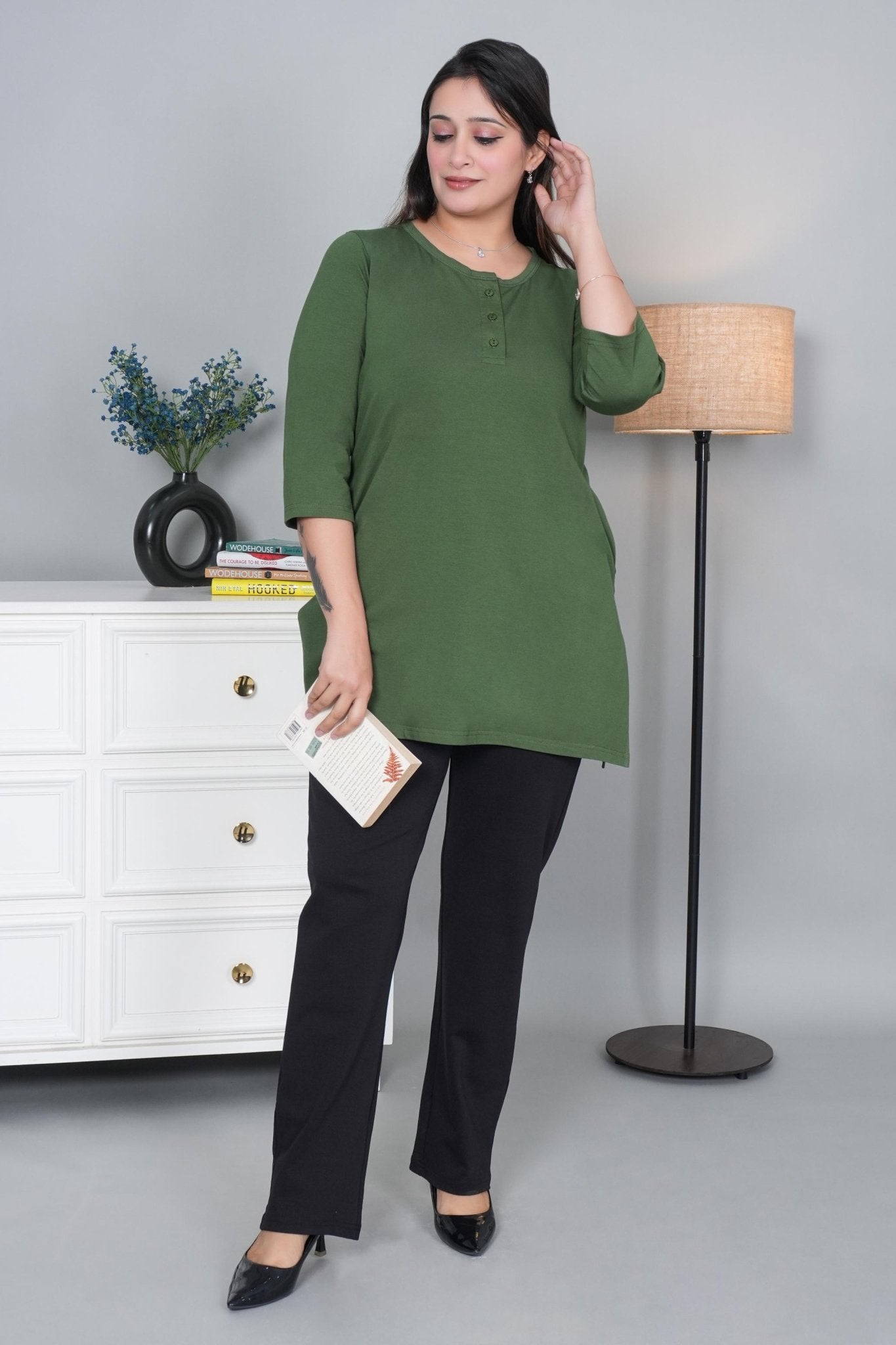 Olive long round neck henley cotton lycra t-shirt with pockets - Long cotton t-shirt