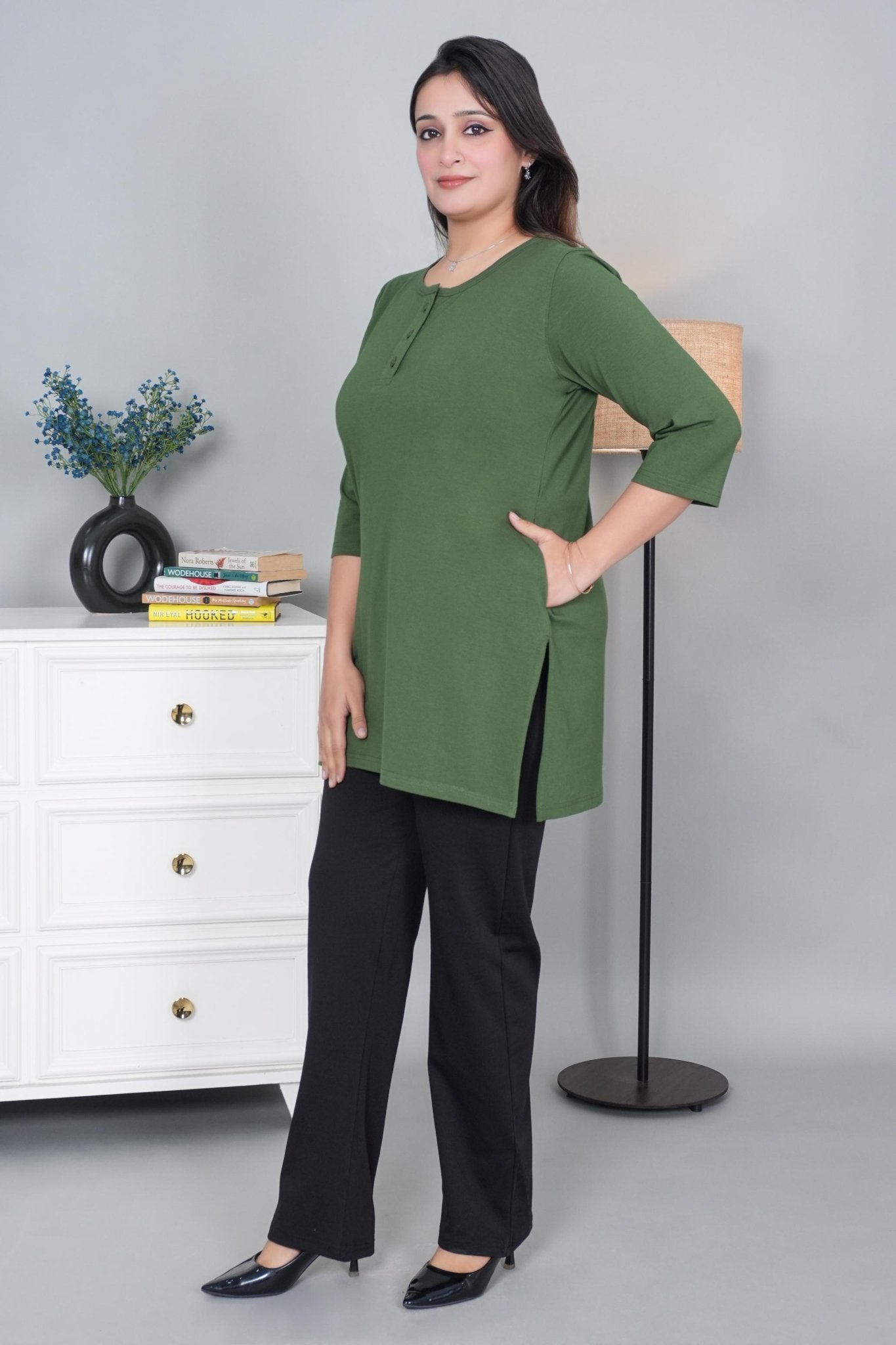 Olive long round neck henley cotton lycra t-shirt with pockets - Long cotton t-shirt
