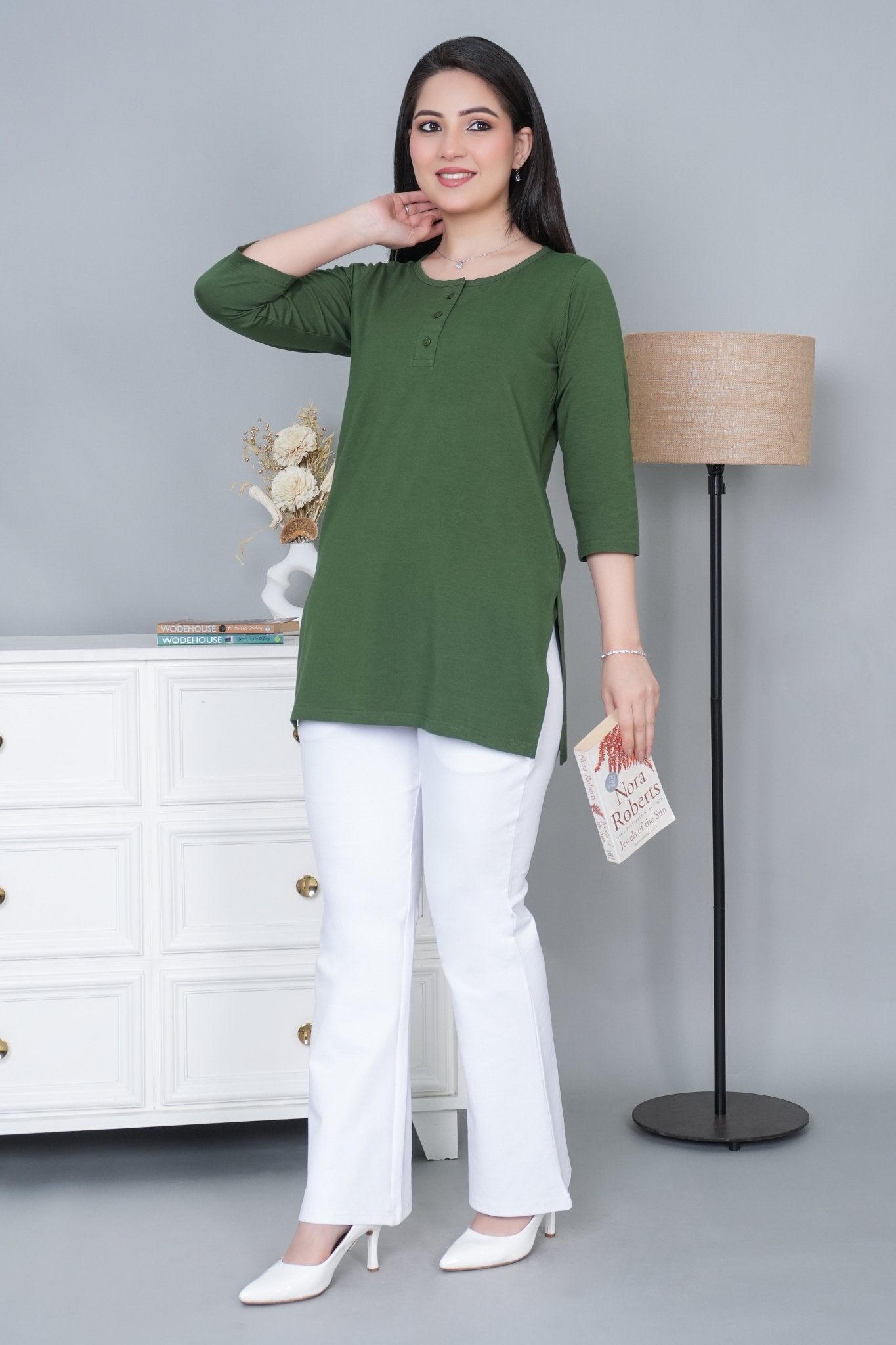 Olive long round neck henley cotton lycra t-shirt with pockets - Long cotton t-shirt