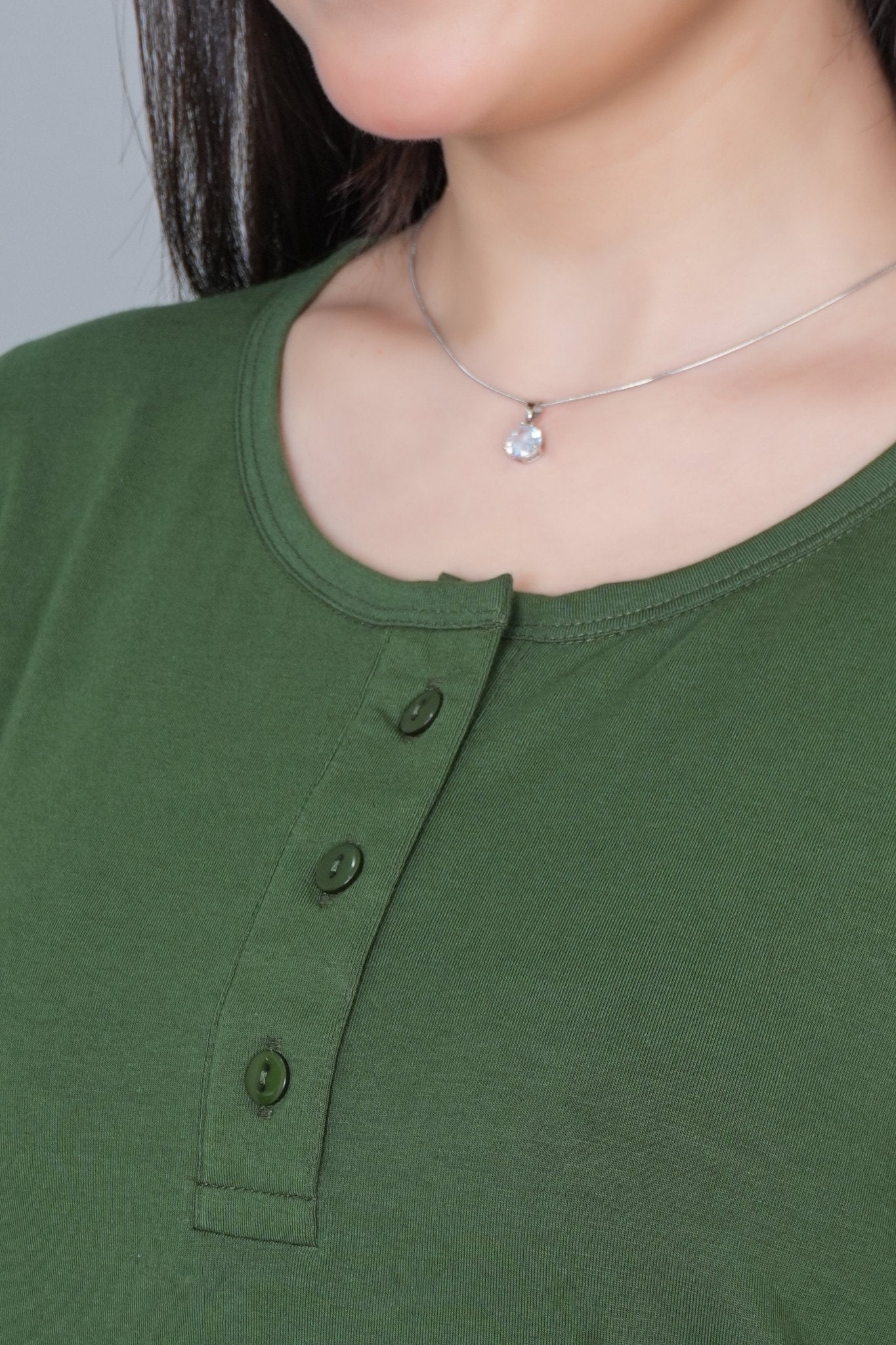 Olive long round neck henley cotton lycra t-shirt with pockets - Long cotton t-shirt