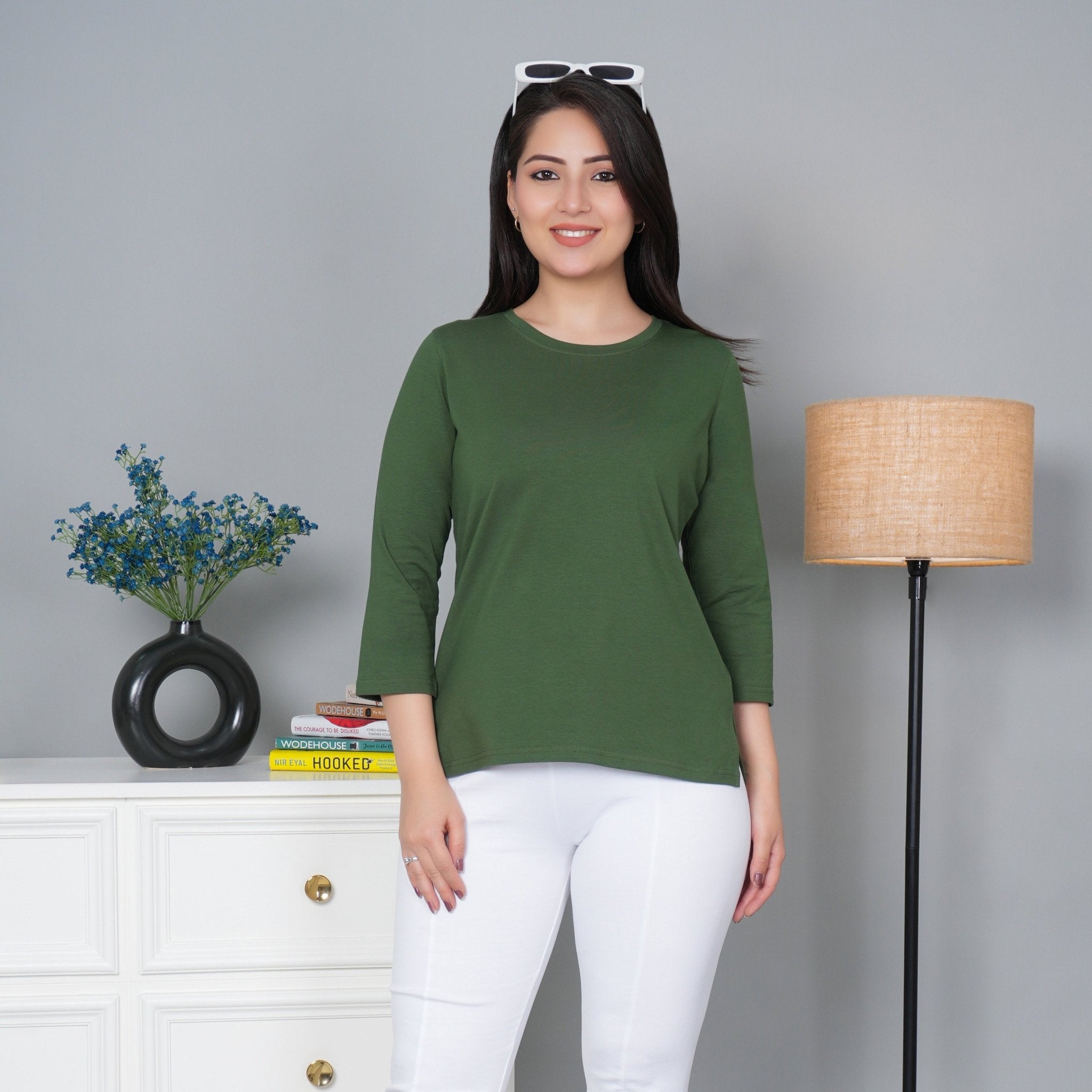 Olive Round Neck Cotton Lycra 3/4 Sleeve T Shirt - Cotton t shirt