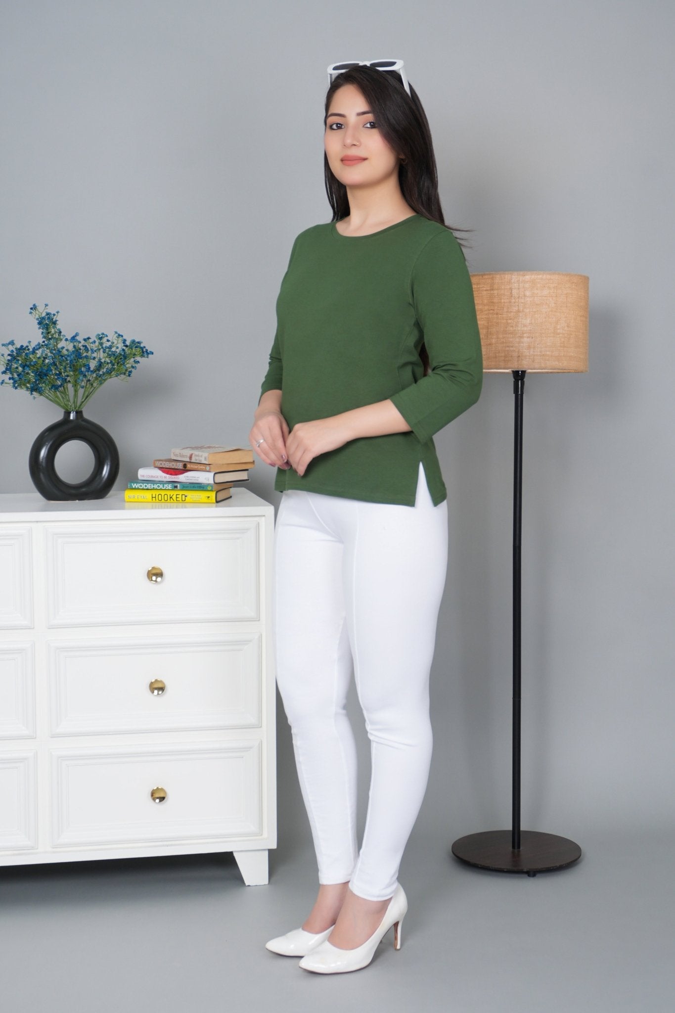 Olive Round Neck Cotton Lycra 3/4 Sleeve T Shirt - Cotton t shirt