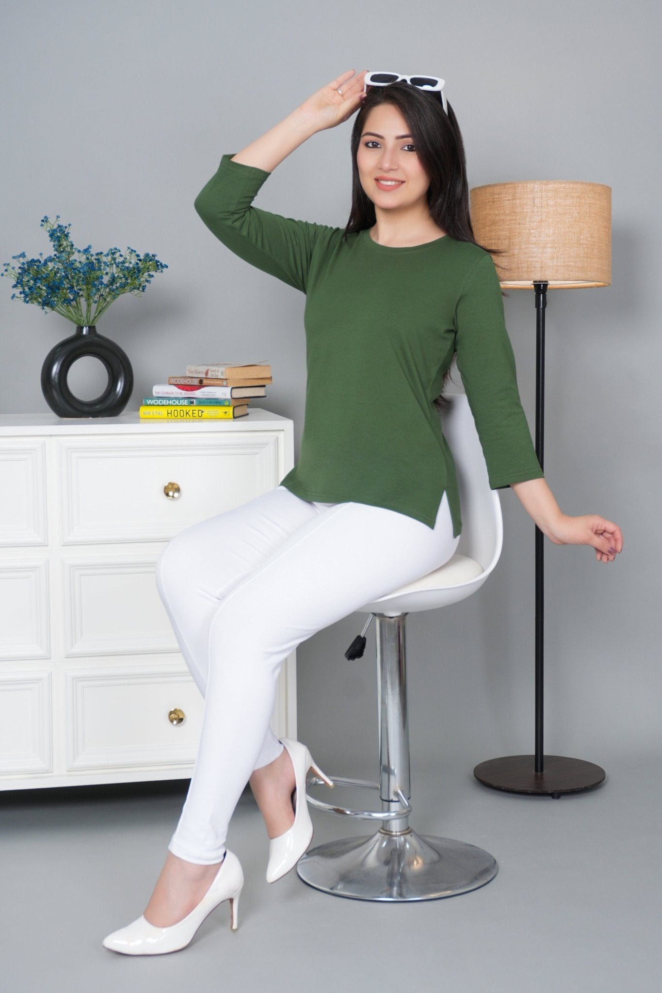 Olive Round Neck Cotton Lycra 3/4 Sleeve T Shirt - Cotton t shirt