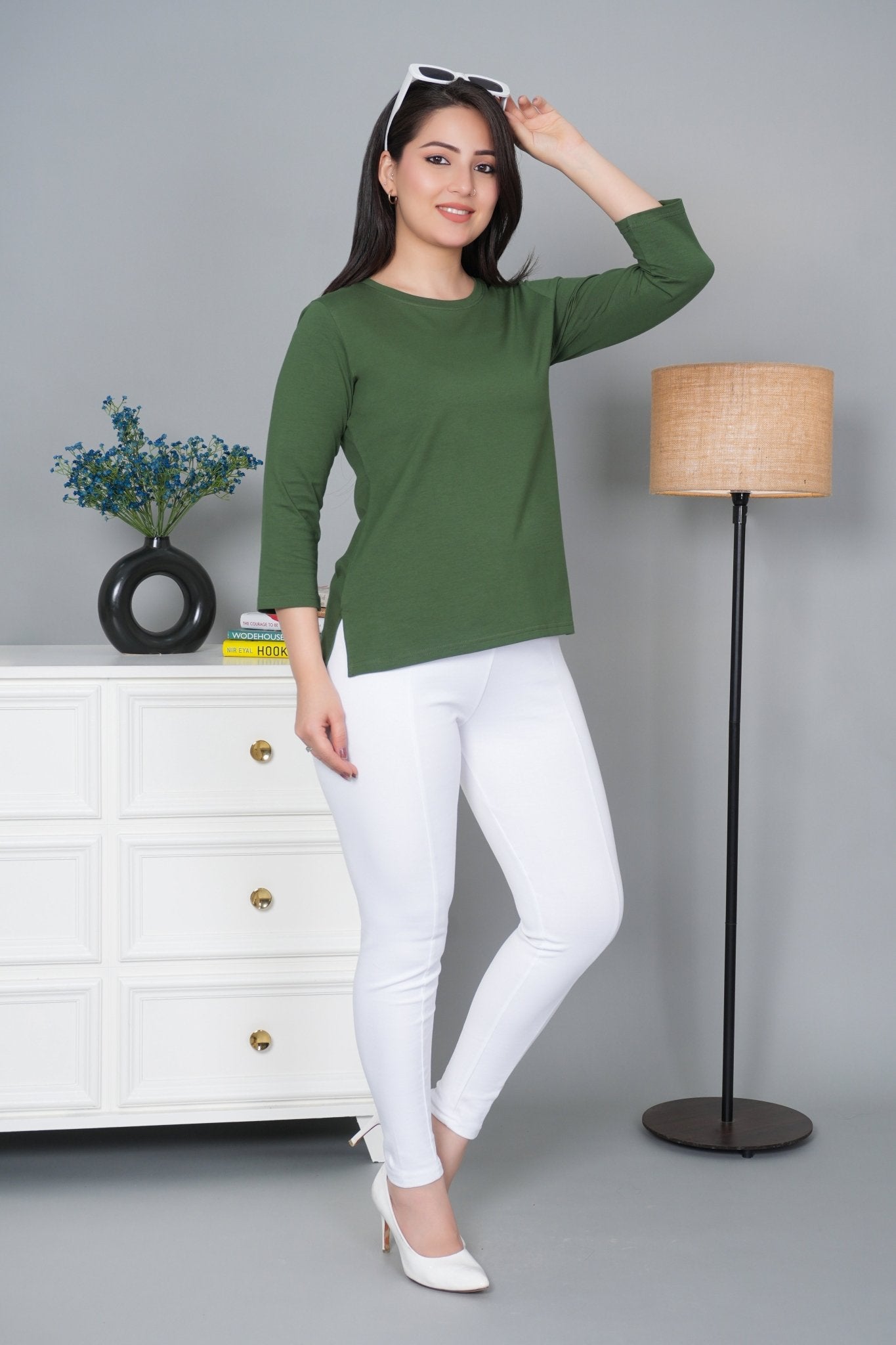 Olive Round Neck Cotton Lycra 3/4 Sleeve T Shirt - Cotton t shirt