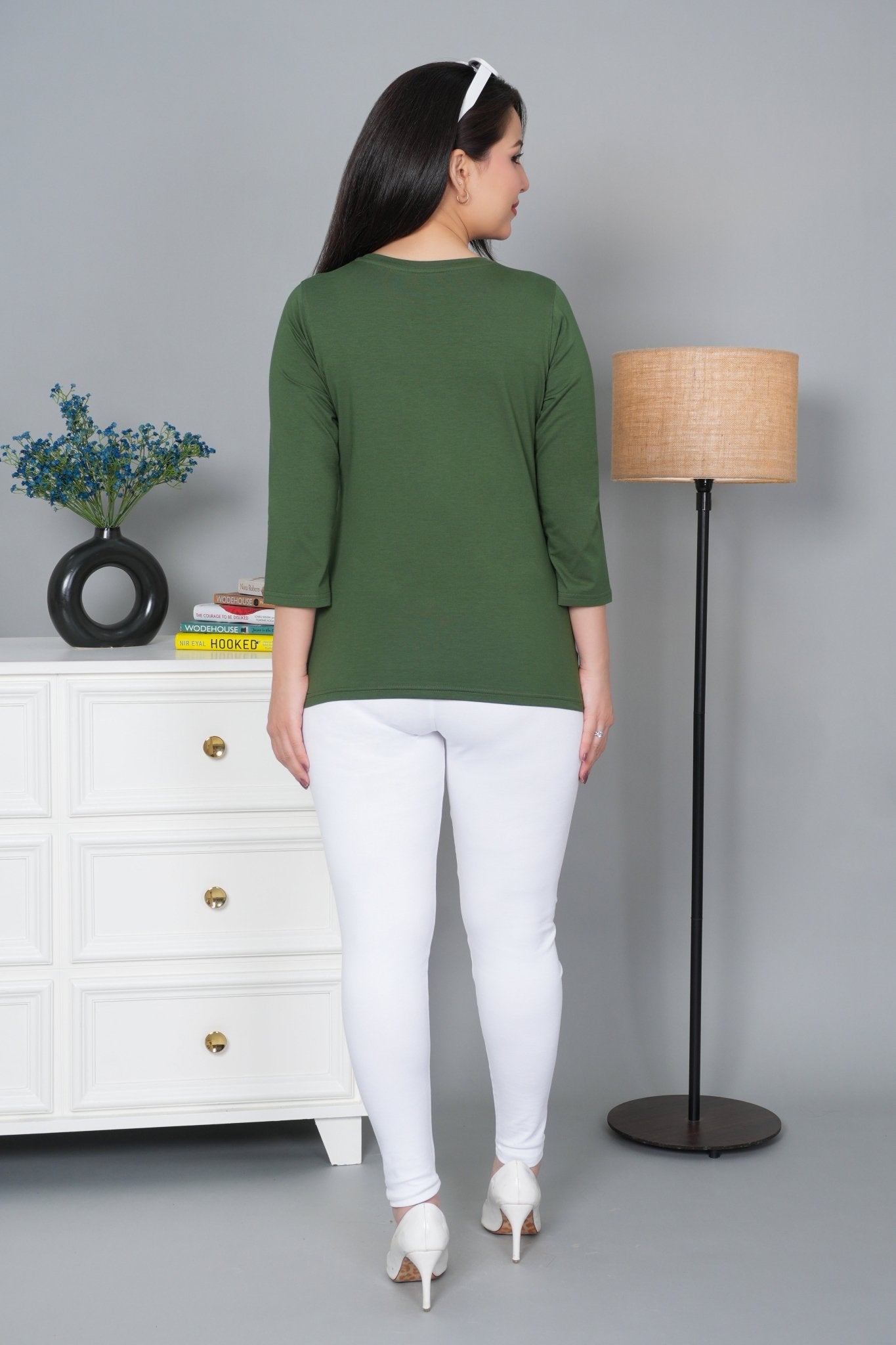 Olive Round Neck Cotton Lycra 3/4 Sleeve T Shirt - Cotton t shirt