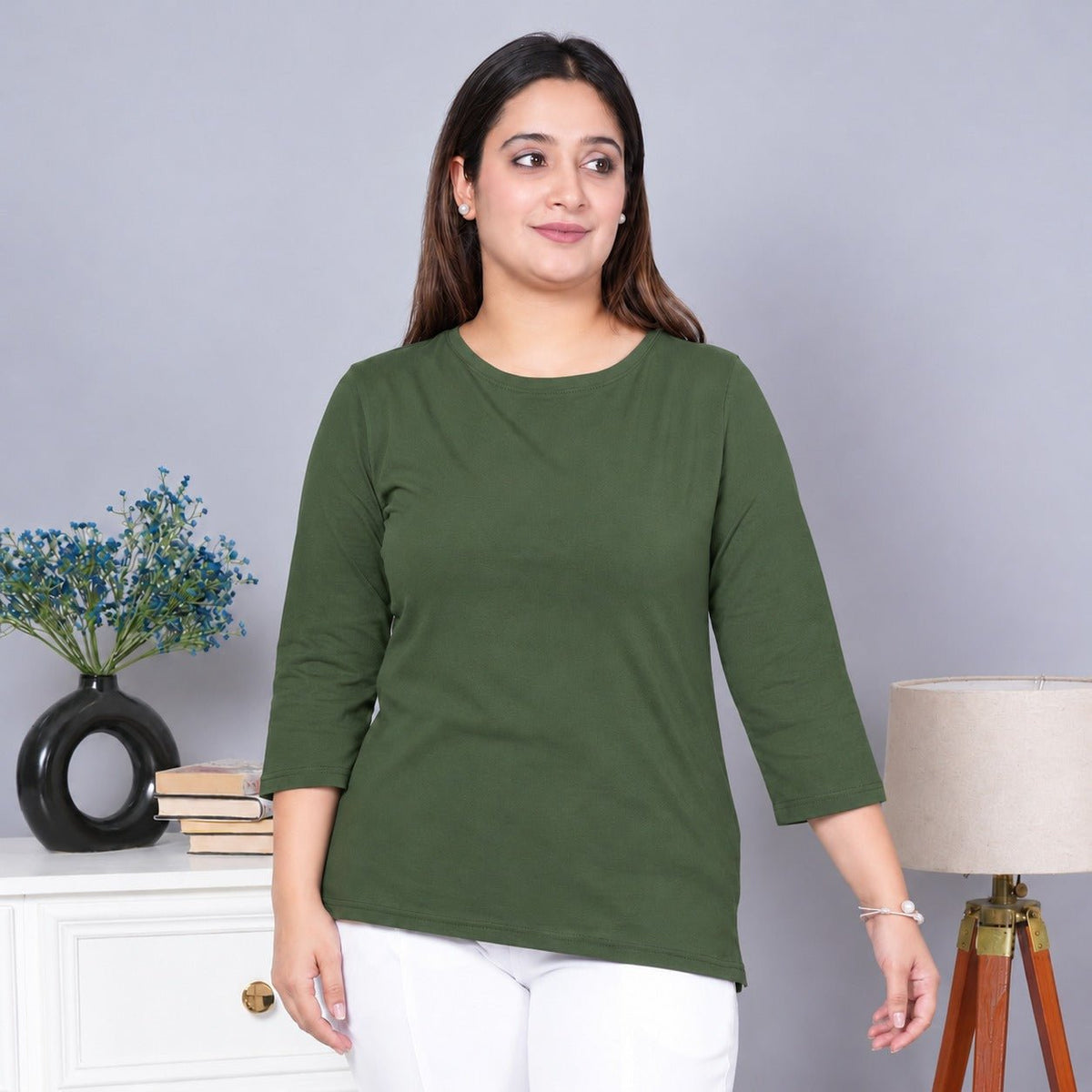 Olive Round Neck Cotton Lycra 3/4 Sleeve T Shirt -Cotton t shirt