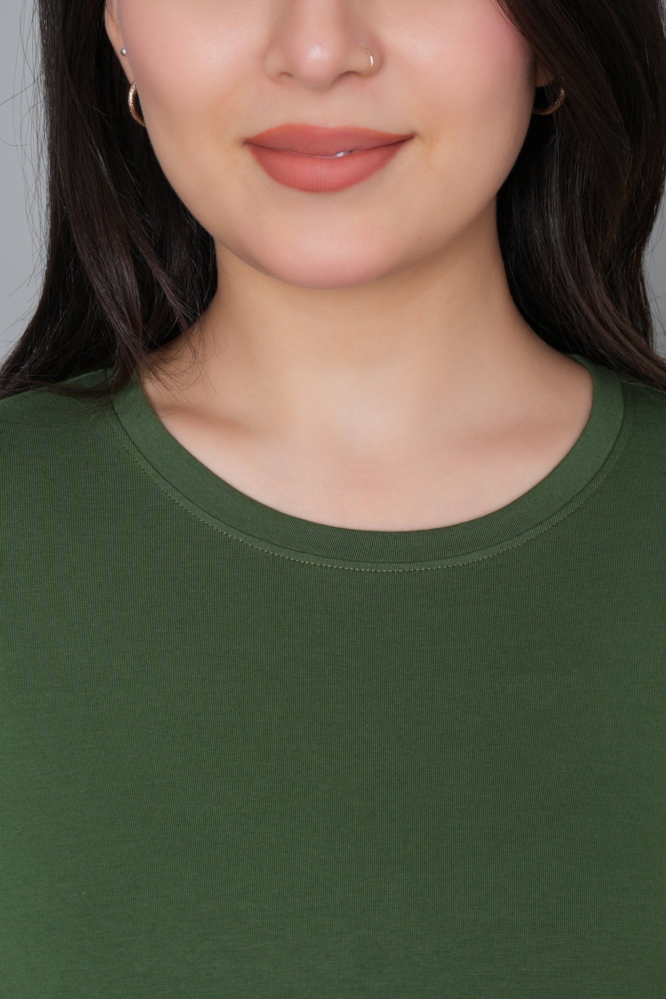 Olive Round Neck Cotton Lycra 3/4 Sleeve T Shirt - Cotton t shirt