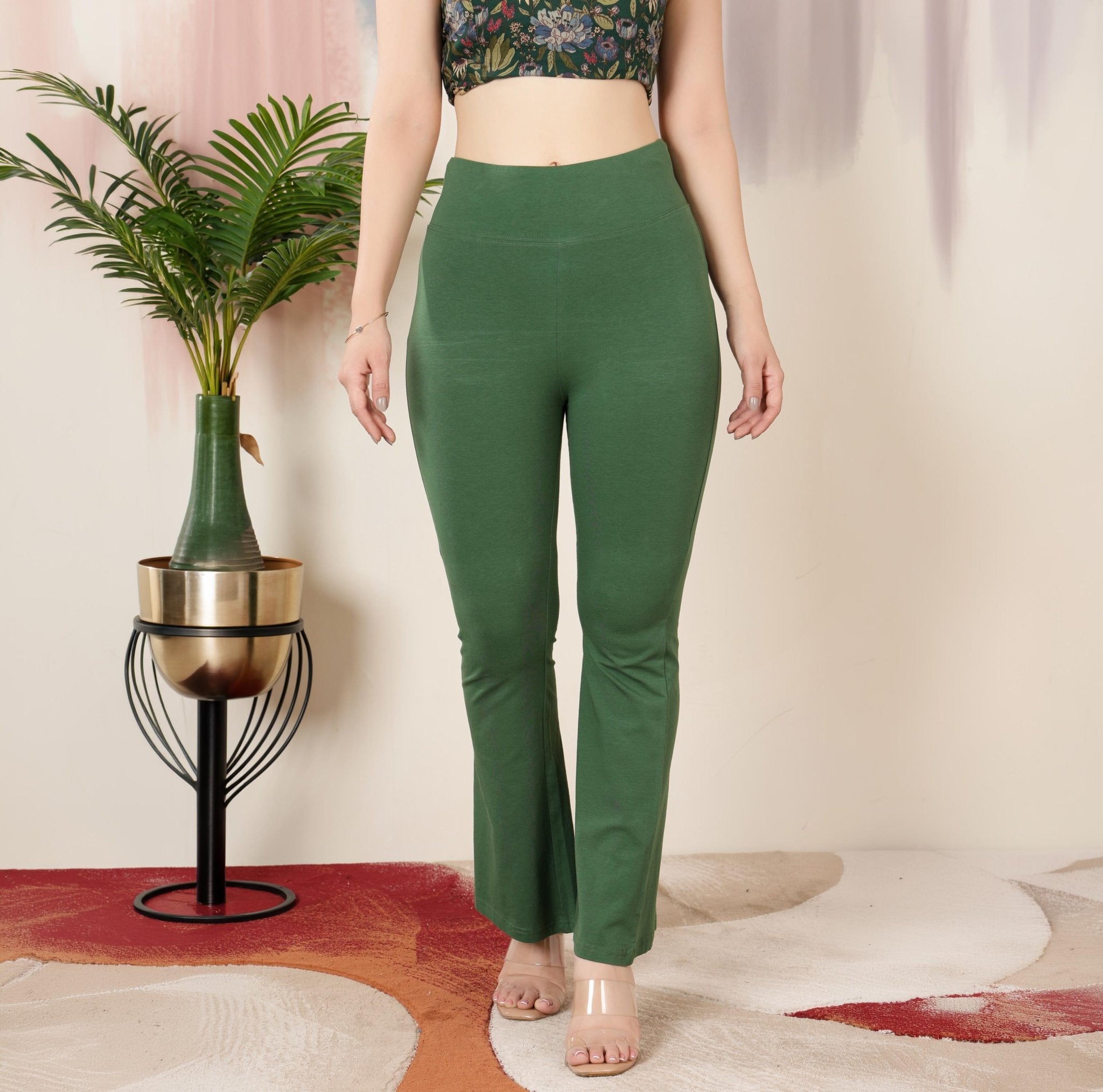 Olive stretchable biowash cotton lycra flare legging with superior elastic belt. -Cotton flare