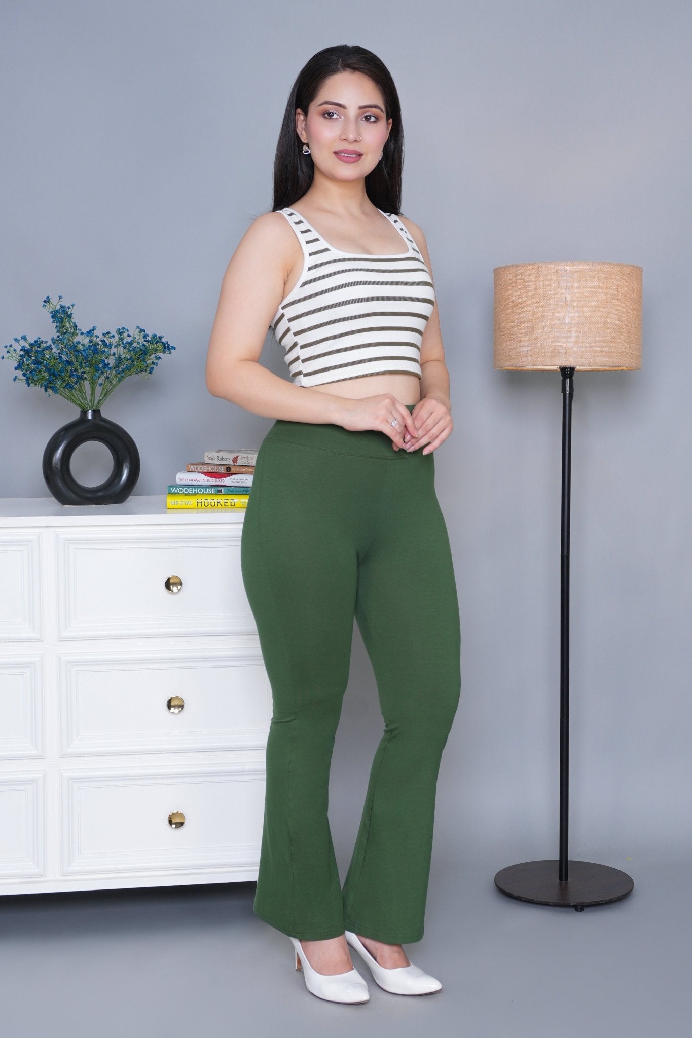 Olive stretchable biowash cotton lycra flare legging with superior elastic belt. - Cotton flare
