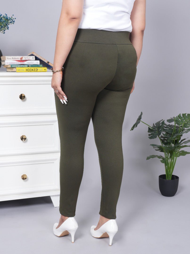 Olive stretchable biowash USA HQ cotton premium jegging pant with pockets & superior elastic belt. - Milano jegging pants with pcoket