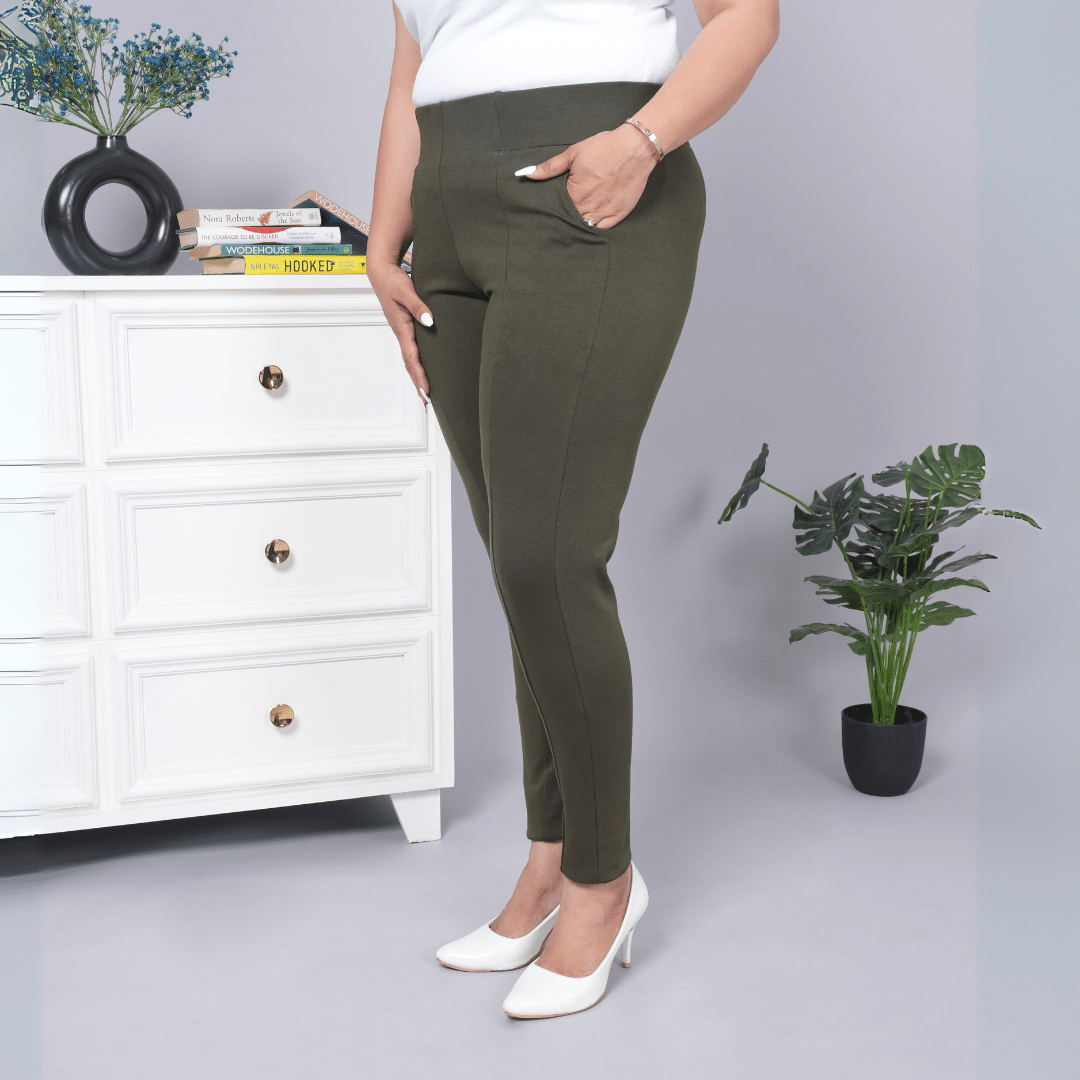 Olive stretchable biowash USA HQ cotton premium jegging pant with pockets & superior elastic belt. - Milano jegging pants with pcoket