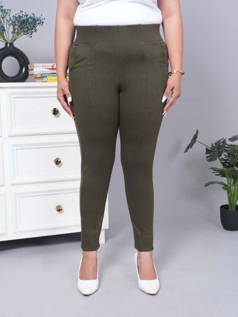 Olive stretchable biowash USA HQ cotton premium jegging pant with pockets & superior elastic belt. - Milano jegging pants with pcoket