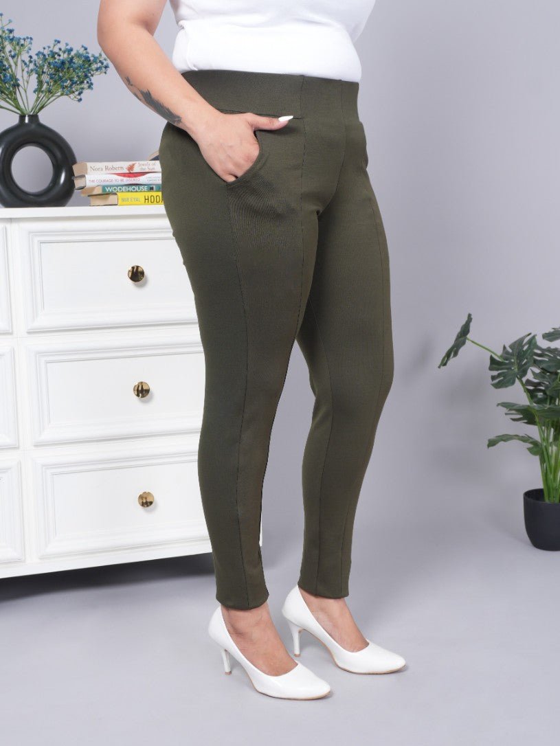 Olive stretchable biowash USA HQ cotton premium jegging pant with pockets & superior elastic belt. - Milano jegging pants with pcoket