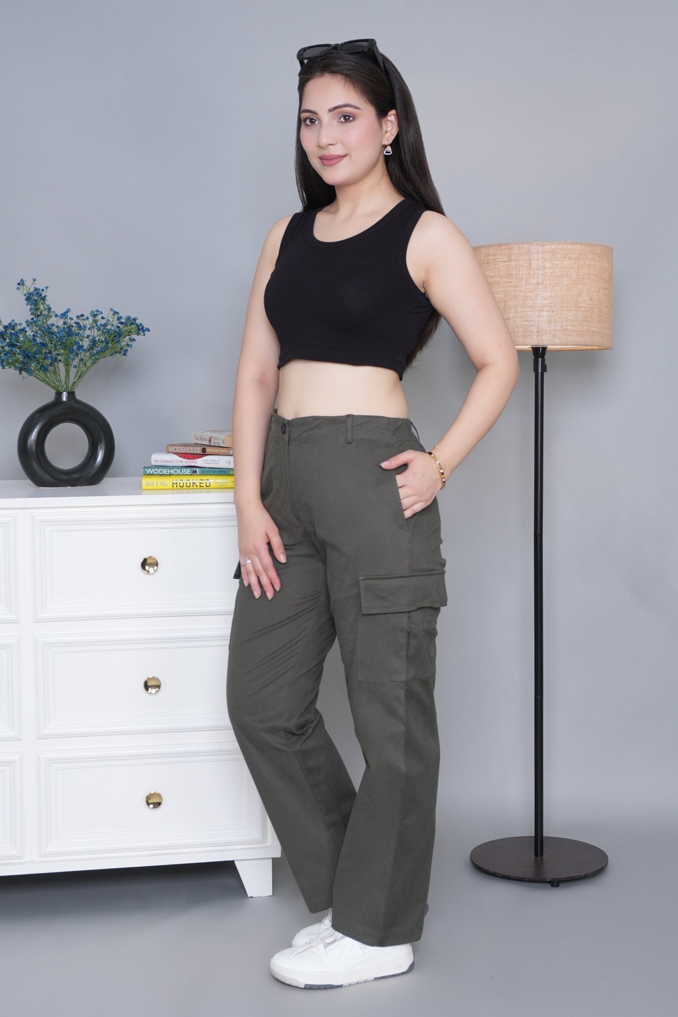 Olive stretchable biowash USA HQ cotton travel cargo pant with superior elastic belt. - Travel Cargo Pants