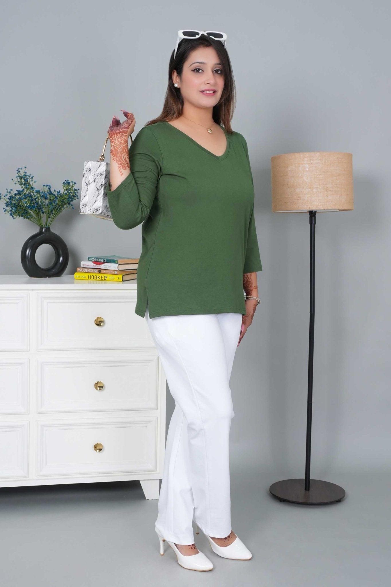 Olive V - neck cotton 3/4 sleeve t-shirt - Full sleeve v neck cotton t shirt