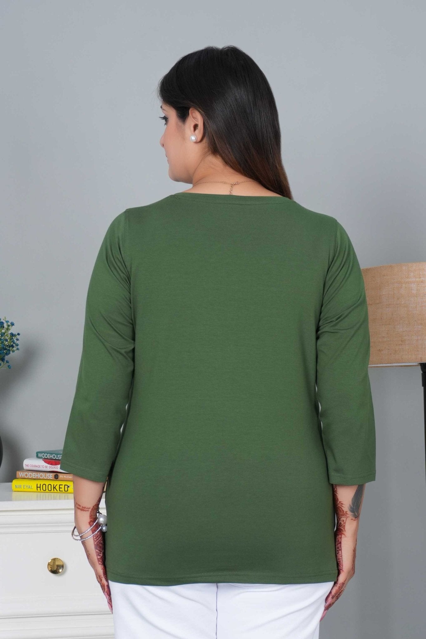 Olive V - neck cotton 3/4 sleeve t-shirt - Full sleeve v neck cotton t shirt