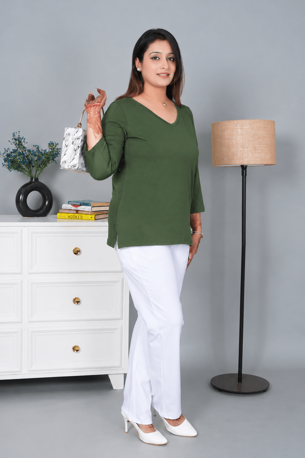 Olive V-neck cotton 3/4 sleeve t-shirt -Full sleeve v neck cotton t shirt