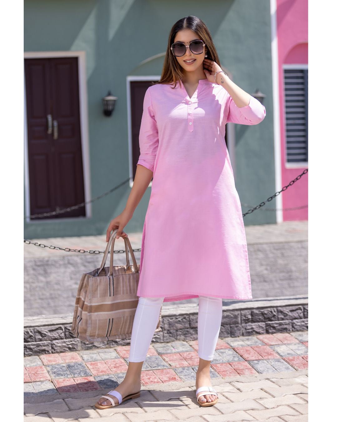 Pink 100% Premium Cotton Long Kurta - Long kurta