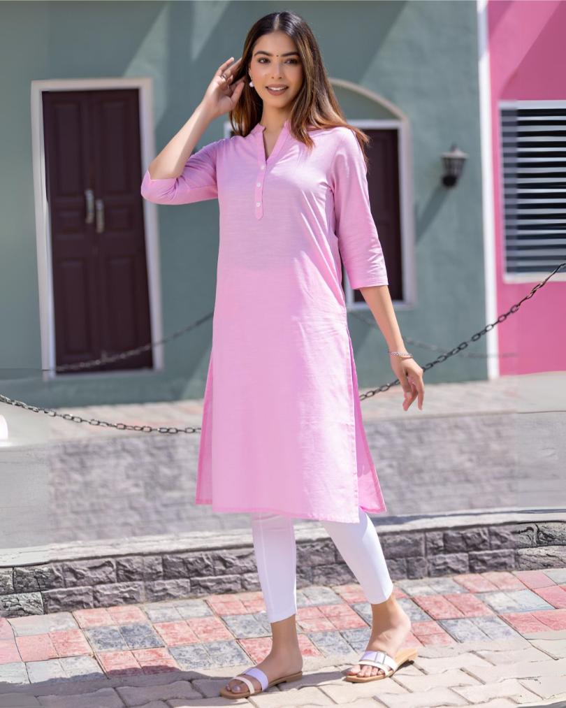 Pink Cotton Linen Long Kurti for officewear - Long kurti