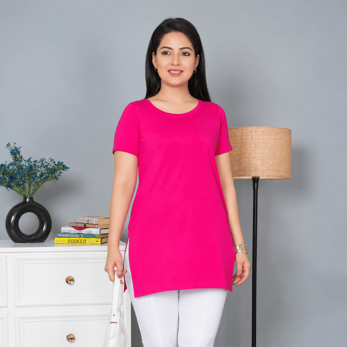Pink long round neck cotton lycra t-shirt with pockets -Long cotton t-shirt