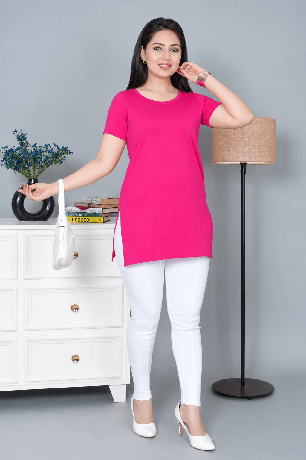 Pink long round neck cotton lycra t-shirt with pockets -Long cotton t-shirt