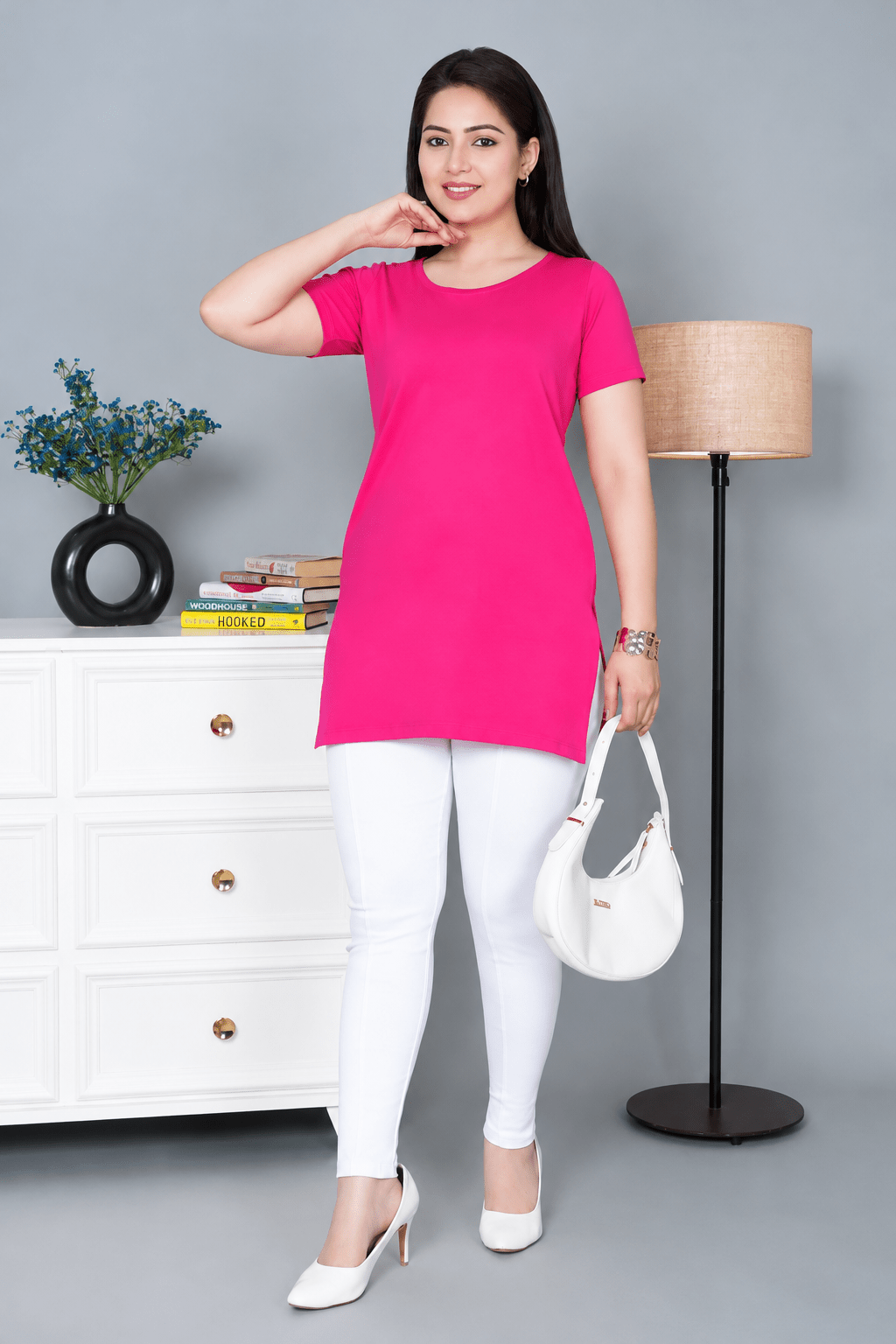 Pink long round neck cotton lycra t-shirt with pockets -Long cotton t-shirt