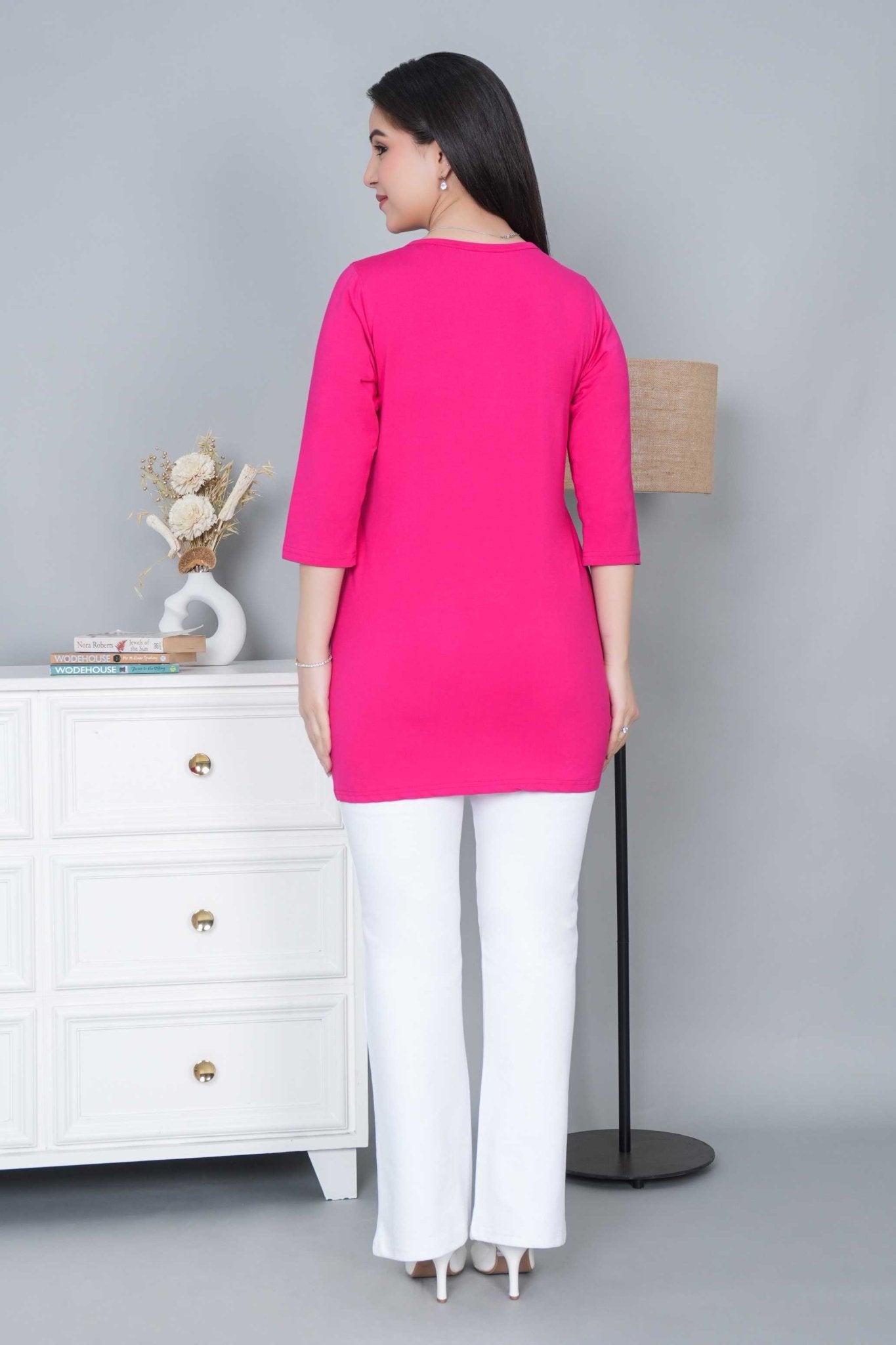 Pink long round neck henley cotton lycra t-shirt with pockets - Long cotton t-shirt