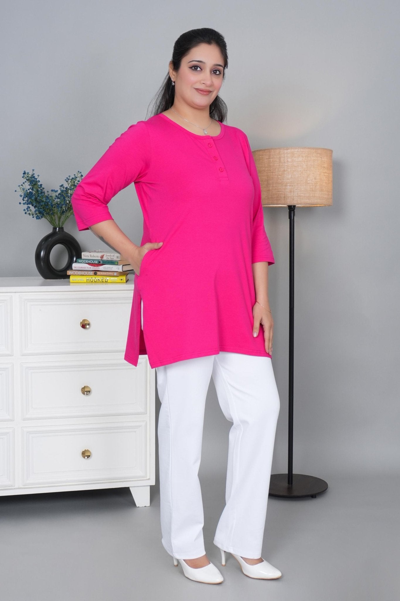 Pink long round neck henley cotton lycra t-shirt with pockets - Long cotton t-shirt
