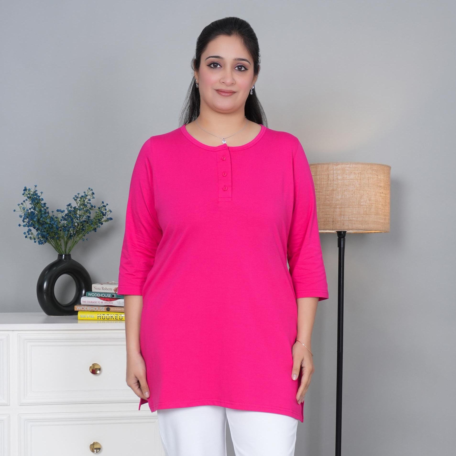 Pink long round neck henley cotton lycra t-shirt with pockets - Long cotton t-shirt